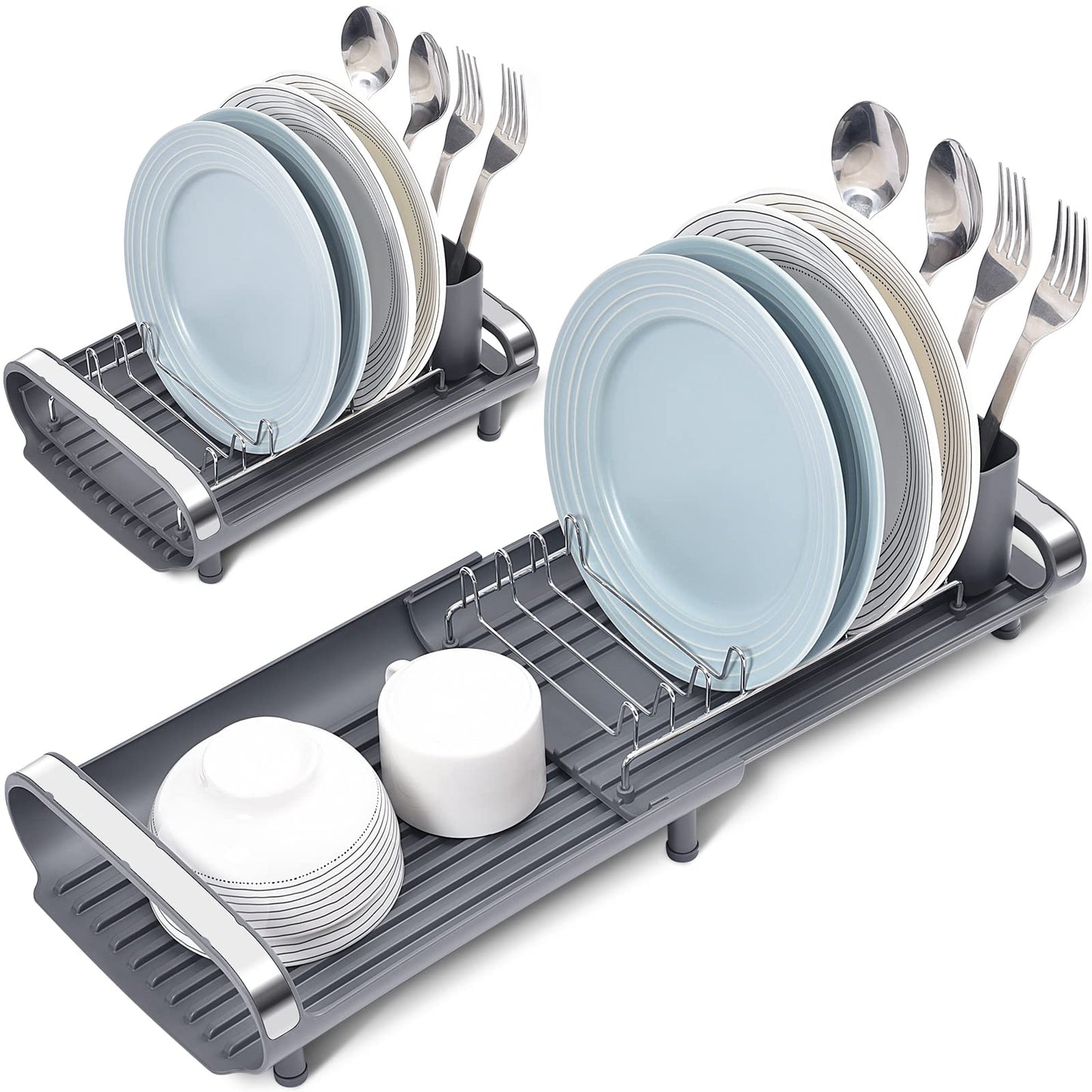 KINGRACK Compact Dish Drainer,Expandable Dish Rack,Stainless Steel Dish Drying Rack With Removable Cutlery Holder,Non-Slip Feet,Anti Rust Plate Rack,Small Sink Drainer For Kitchen Countertop, Grey