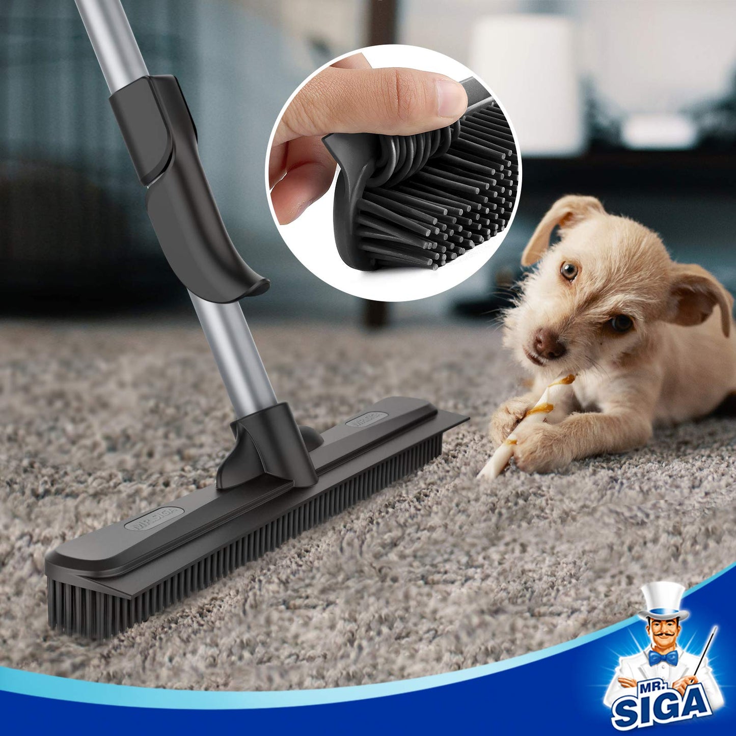 MR.SIGA Pet Hair Removal Rubber Broom with Built in Squeegee, 3 in 1 Floor Brush for Carpet, 61 inch Adjustable Handle, includes 1 Microfiber Cloth for Floor Dusting