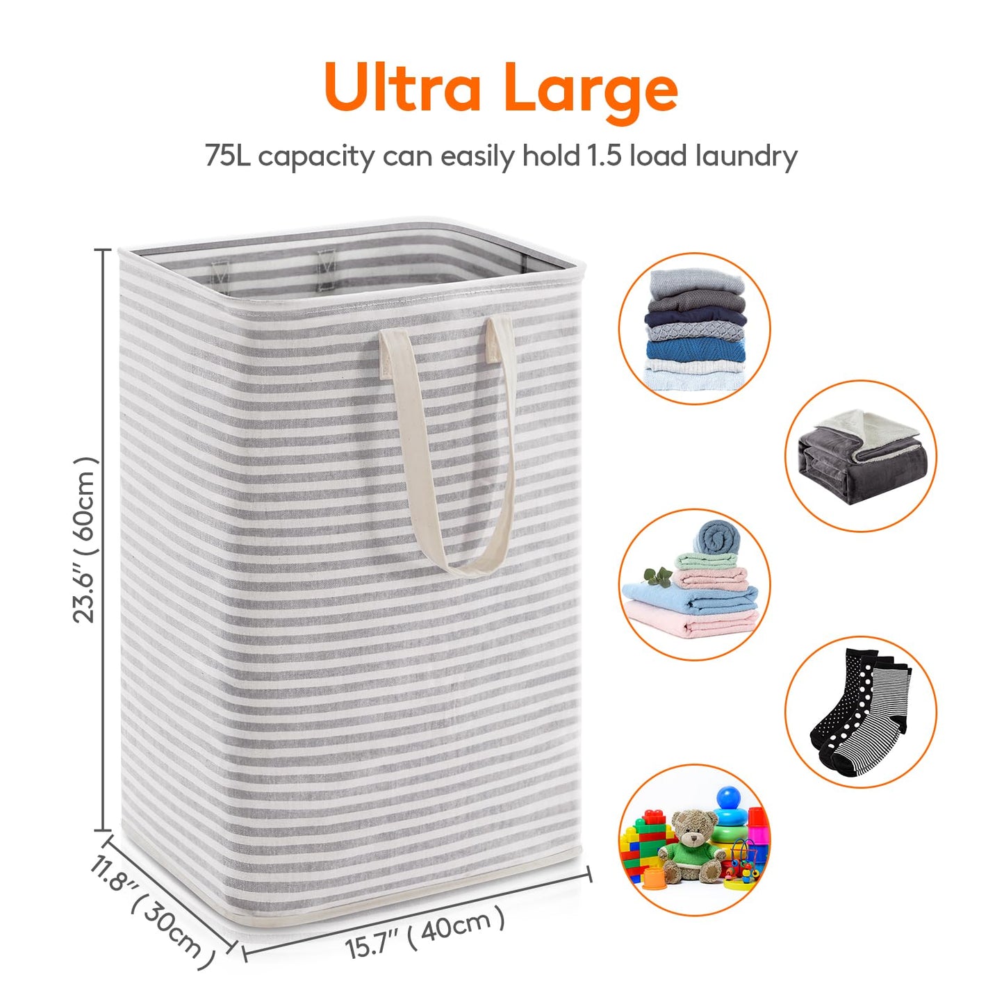 Lifewit 75L Freestanding Laundry Hamper, Collapsible Waterproof Large Laundry Basket with Easy Carry Extended Handles for Clothes, Towels, Toys, Grey, 3 Packs 3x75L