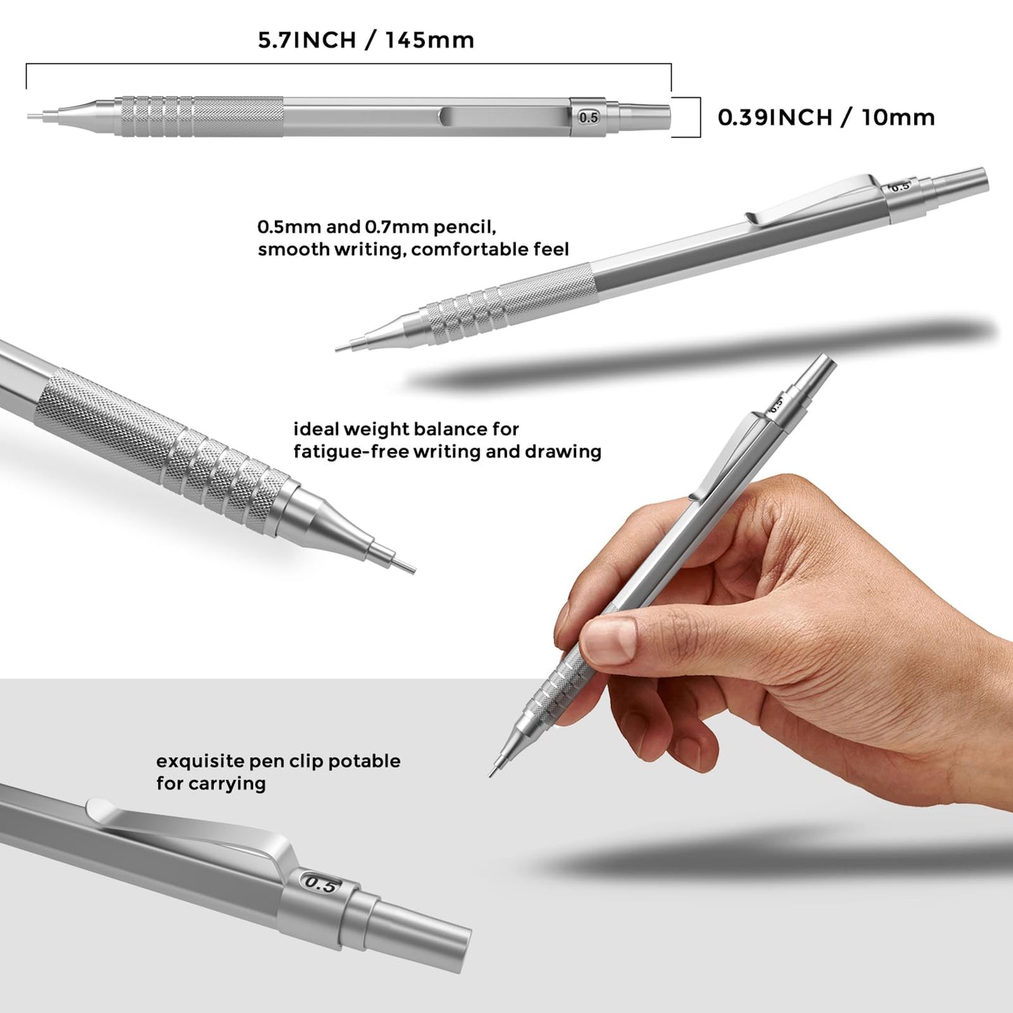 Nicpro Metal Mechanical Pencils Set with Case, Automatic Retractable Drafting Pencil 0.5 mm and 0.7 mm With HB Leads Refill, Erasers Propelling Pencils For School Engineer Writing, Drawing, Sketching silver