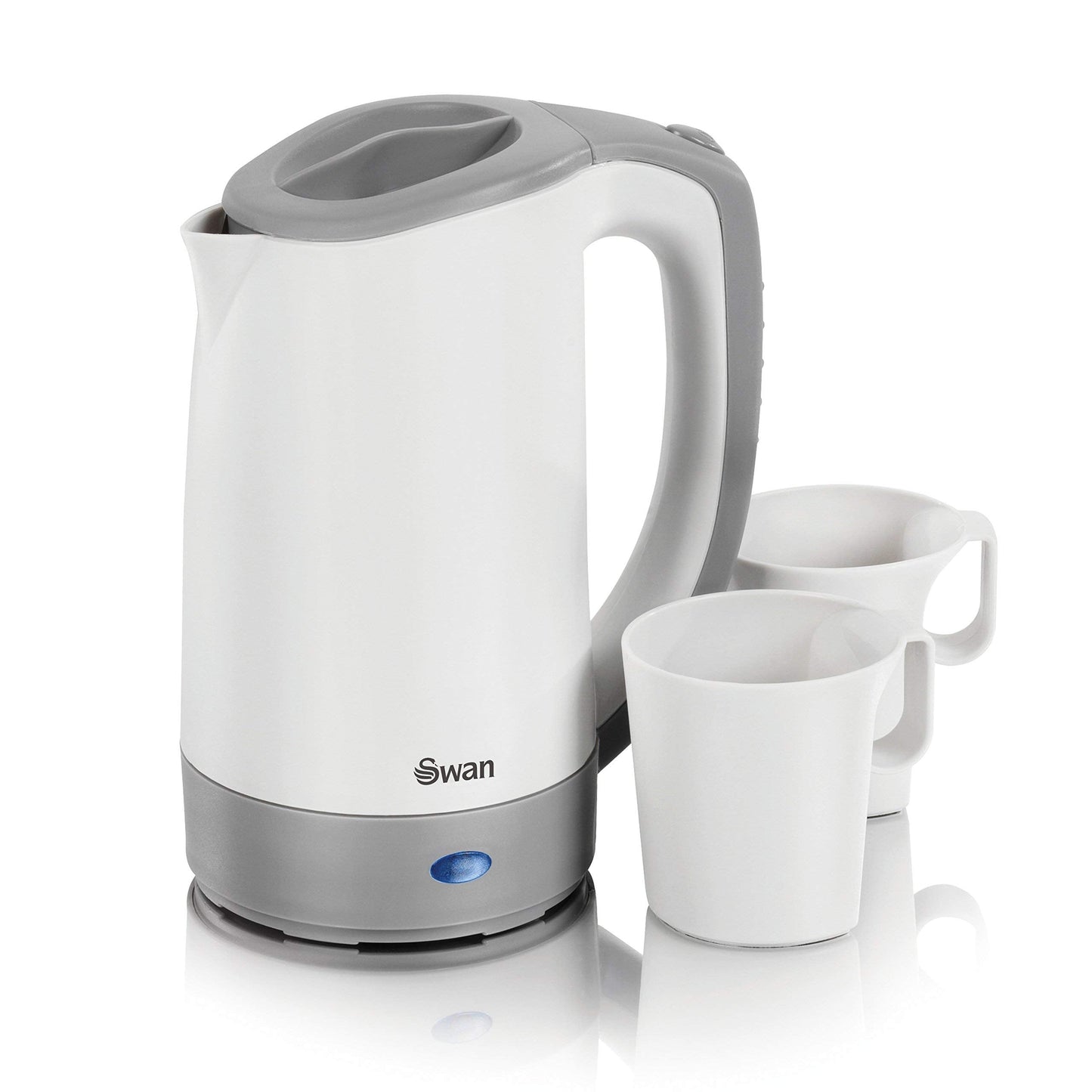 Swan Dual Voltage Travel Kettle with Two Tea Cups, 0.5 Litre Capacity, 125-600 W, Lightweight, White/Grey, SK19011N