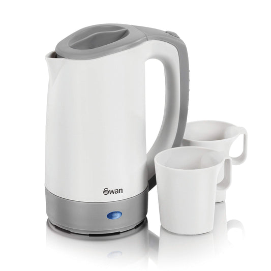 Swan Dual Voltage Travel Kettle with Two Tea Cups, 0.5 Litre Capacity, 125-600 W, Lightweight, White/Grey, SK19011N