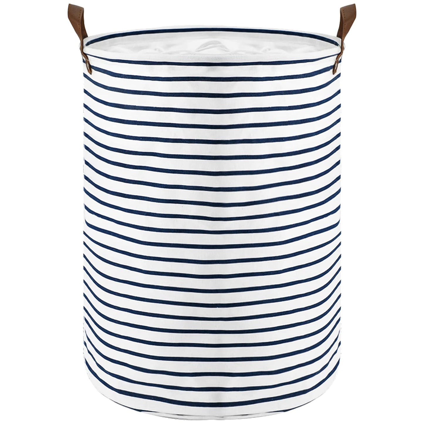 DOKEHOM 18-Inches Freestanding Laundry Basket with Lid, Collapsible Large Drawstring Clothes Hamper Storage with Leather Handle (Blue Stripe, M) Blue Stripe 18"/M