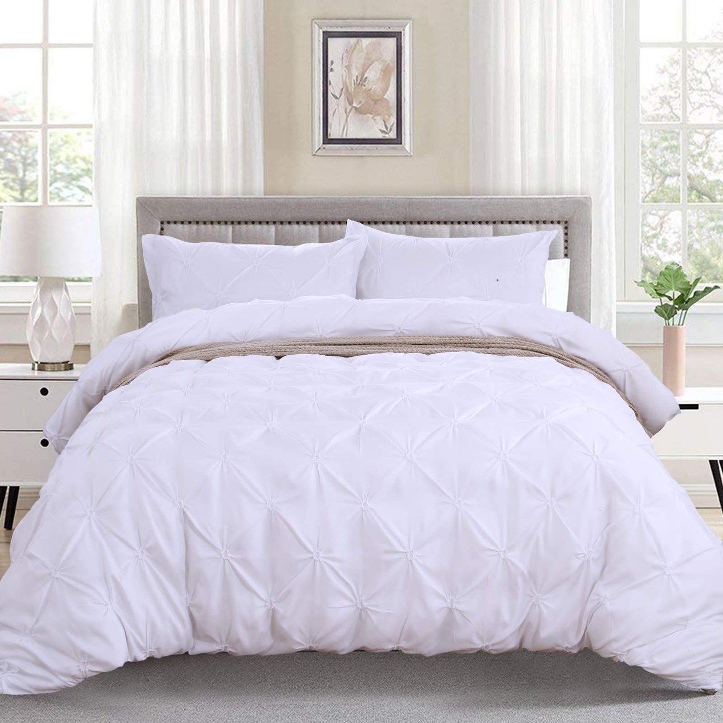 Luxury White Pintuck Duvet Cover King Size 3 Pieces Pinch Pleat Bedding Duvet Cover with Zipper Closure, Soft Microfiber Pintuck Quilt Cover for Home Bedding Decro King Size 230x220cm King(230x220cm)