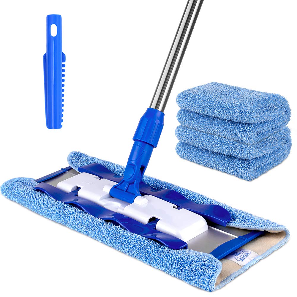 MR.SIGA Professional Microfibre Mop for Hardwood, Laminate, Tile Floor Cleaning, Stainless Steel Telescopic Handle - 3 Reusable Microfibre Cloths and 1 Dirt Removal Scrubber included Blue - Mop