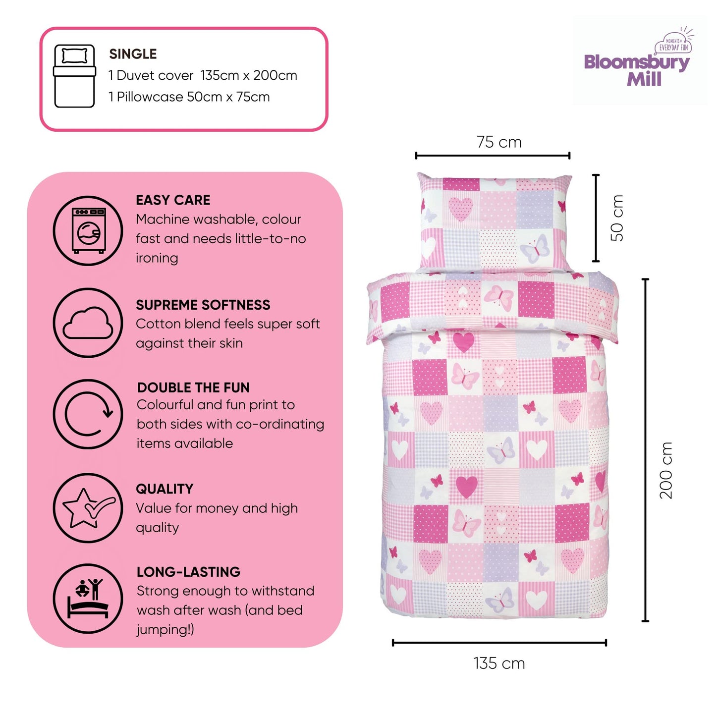 Bloomsbury Mill - Kids Single Bed Duvet Cover and Pillows Set for Girls - Hearts and Butterflies Pink Patchwork Kids Bedding - 135 x 200 cm Single Duvet Set