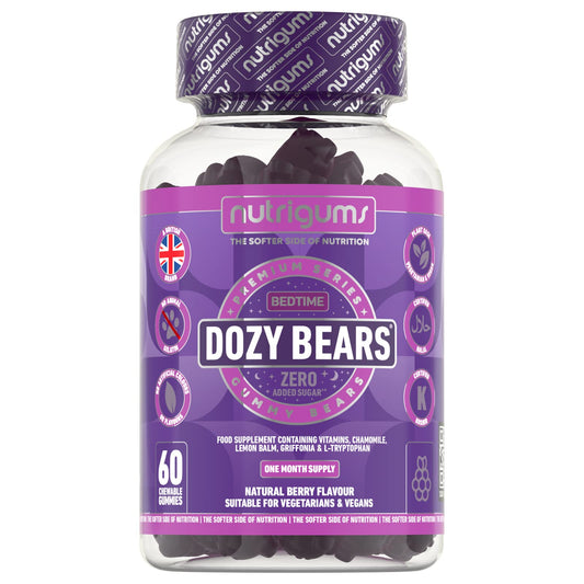 DOZYBEARS® 60 Vegan Gummy Bears. Mixed Berry Flavour with 5-HTP, L-Tryptophan + Vitamins C, B2, B3, B5, B6 B12 with Chamomile and Lemon Balm to Support Rest & Sleep. Adults & Kids 12+ Years Sleep Gummies