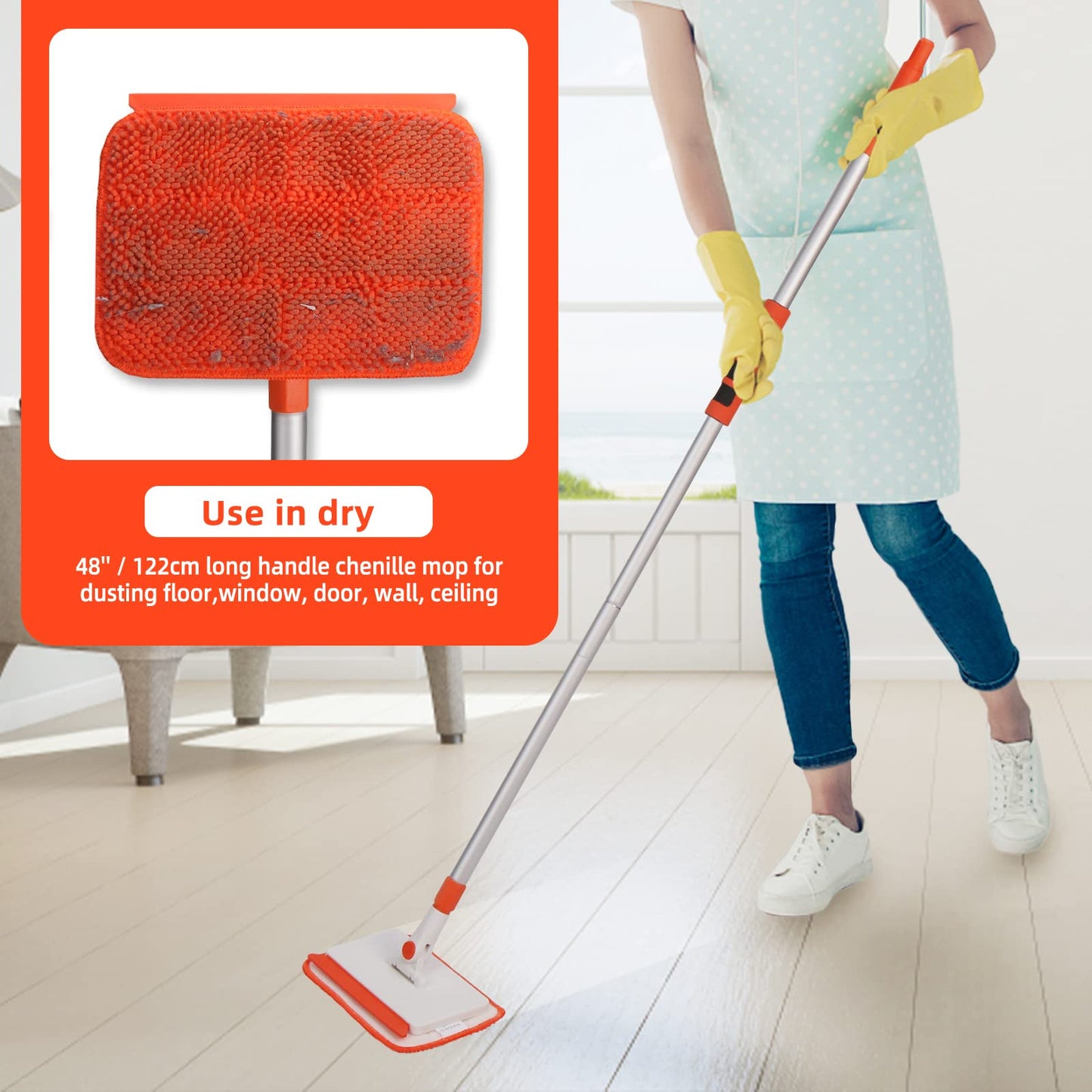 Qaestfy Wall & Skirting Board Cleaner Mop Tool with 122cm Long Handle for Cleaning Baseboard Window Floor Ceiling Bathtub Tub Tile Scrubber Brush Duster with 4 Reusable Pads