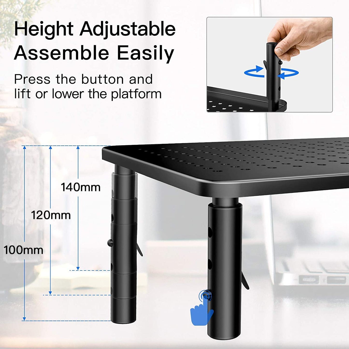 HUANUO Monitor Stand Riser - 3 Height Adjustable Monitor Stand Ergonomic Metal Monitor Riser Stand with Mesh Platform for Laptop, Computer, PC, Printer up to 20KG