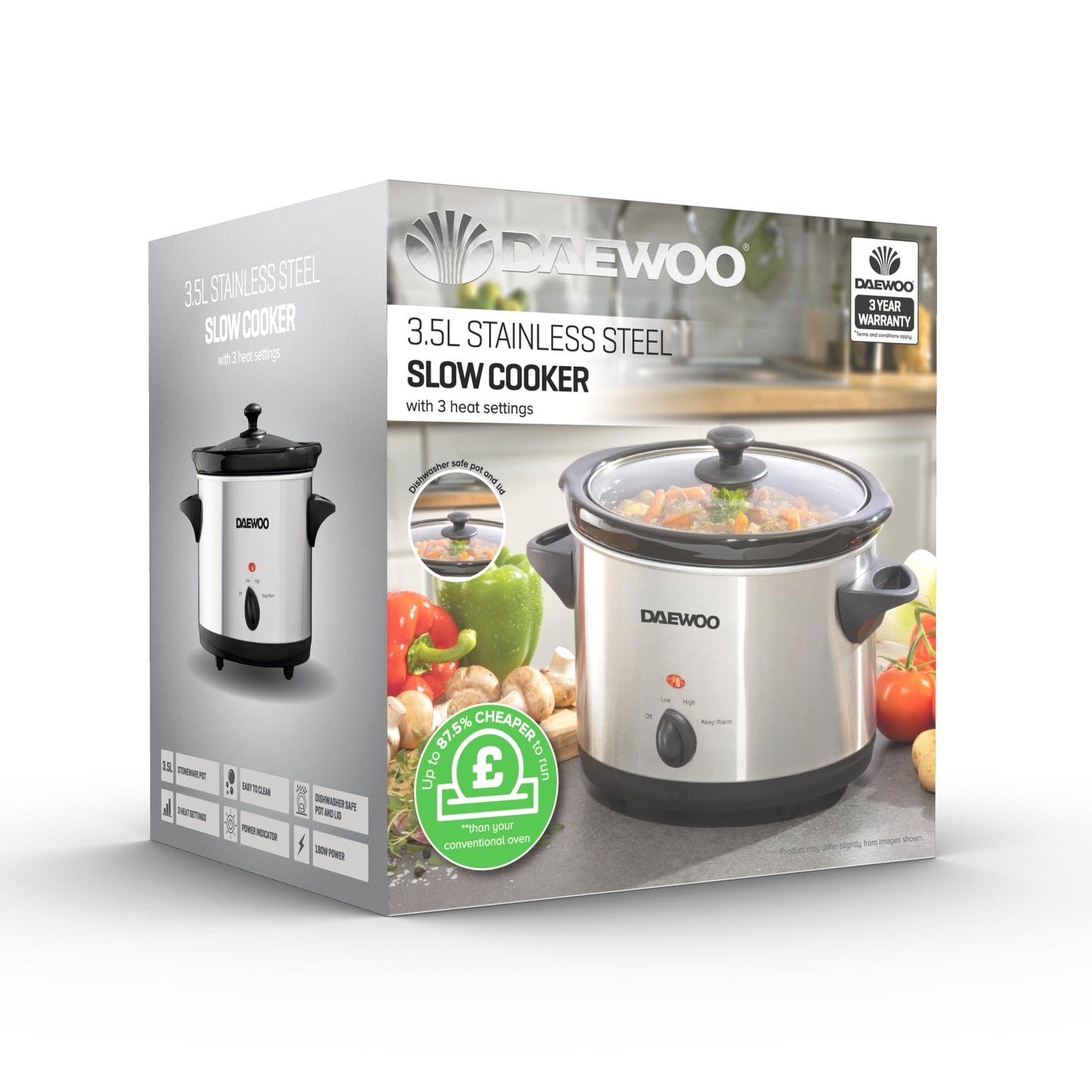 Daewoo SDA1364 Stainless Steel Slow Cooker | 3.5L Capacity Stoneware Pot | Easy to Clean | Dishwasher Safe Pot & Lid | 3 Different Heat Settings | Usage-160W Power, Steel