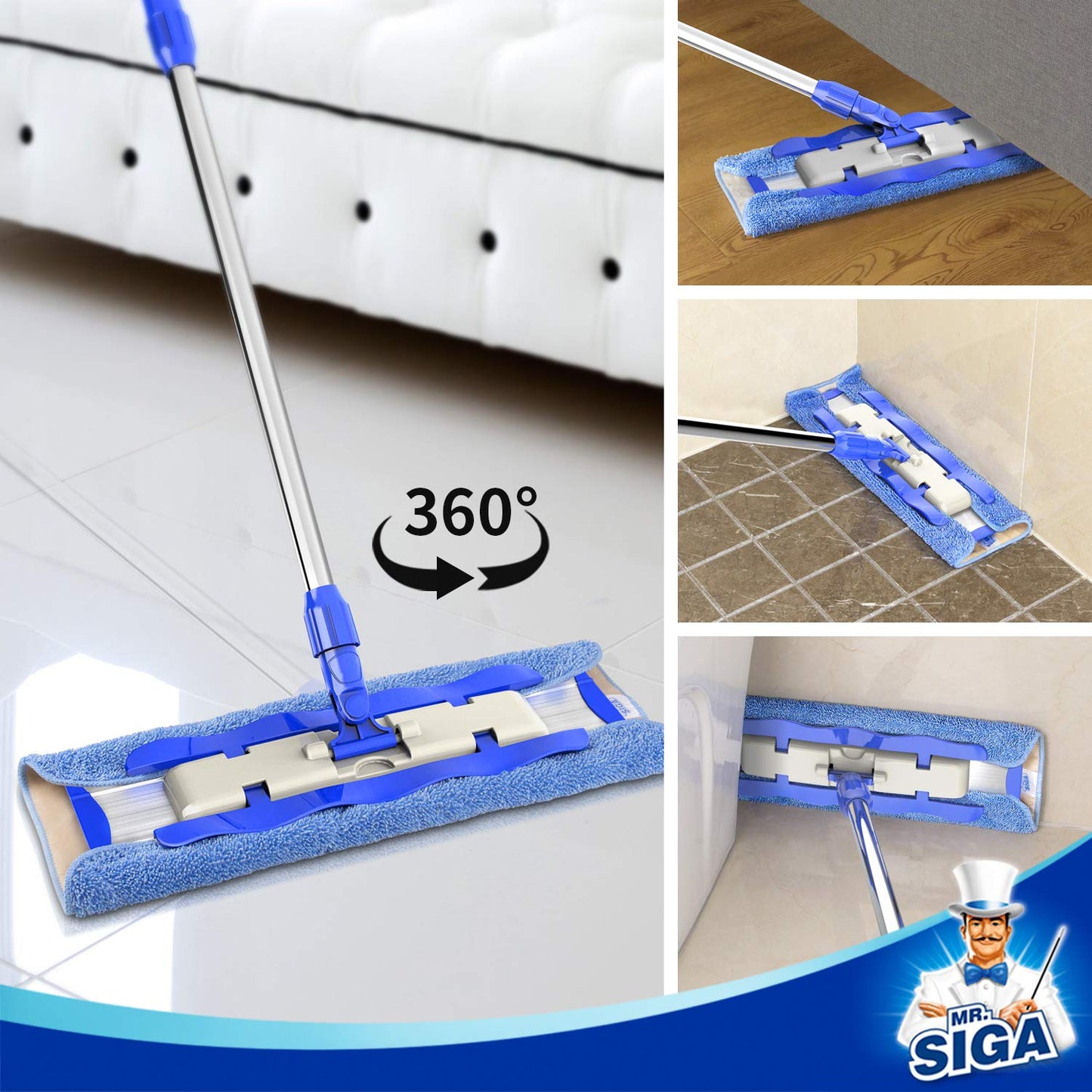 MR.SIGA Professional Microfibre Mop for Hardwood, Laminate, Tile Floor Cleaning, Stainless Steel Telescopic Handle - 3 Reusable Microfibre Cloths and 1 Dirt Removal Scrubber included Blue - Mop