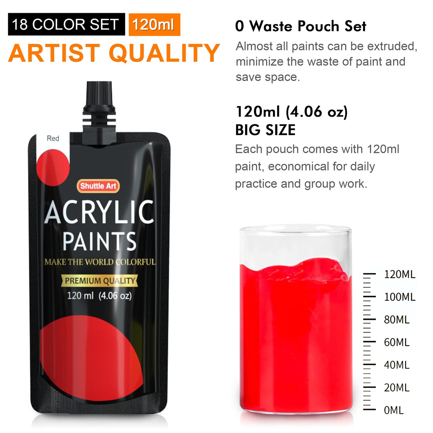 Shuttle Art Acrylic Paint, 18 Colours Acrylic Paint Pouches (120ml/4.06oz), Artist Grade Acrylic Paint Set, Rich Pigments, Non-Toxic for Artists, Beginners and Kids on Rocks Crafts Canvas Wood Ceramic 120 ml (Pack of 18)