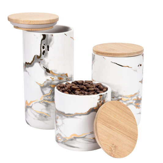 WHOLE HOUSEWARES Elegant Faux Marble Ceramic Canister Set - 3 Piece, White with Bamboo Tops - Ideal for Kitchen Storage of Coffee, Tea, Sugar, and Dry Goods Faux Marble Ceramic 3 Canister