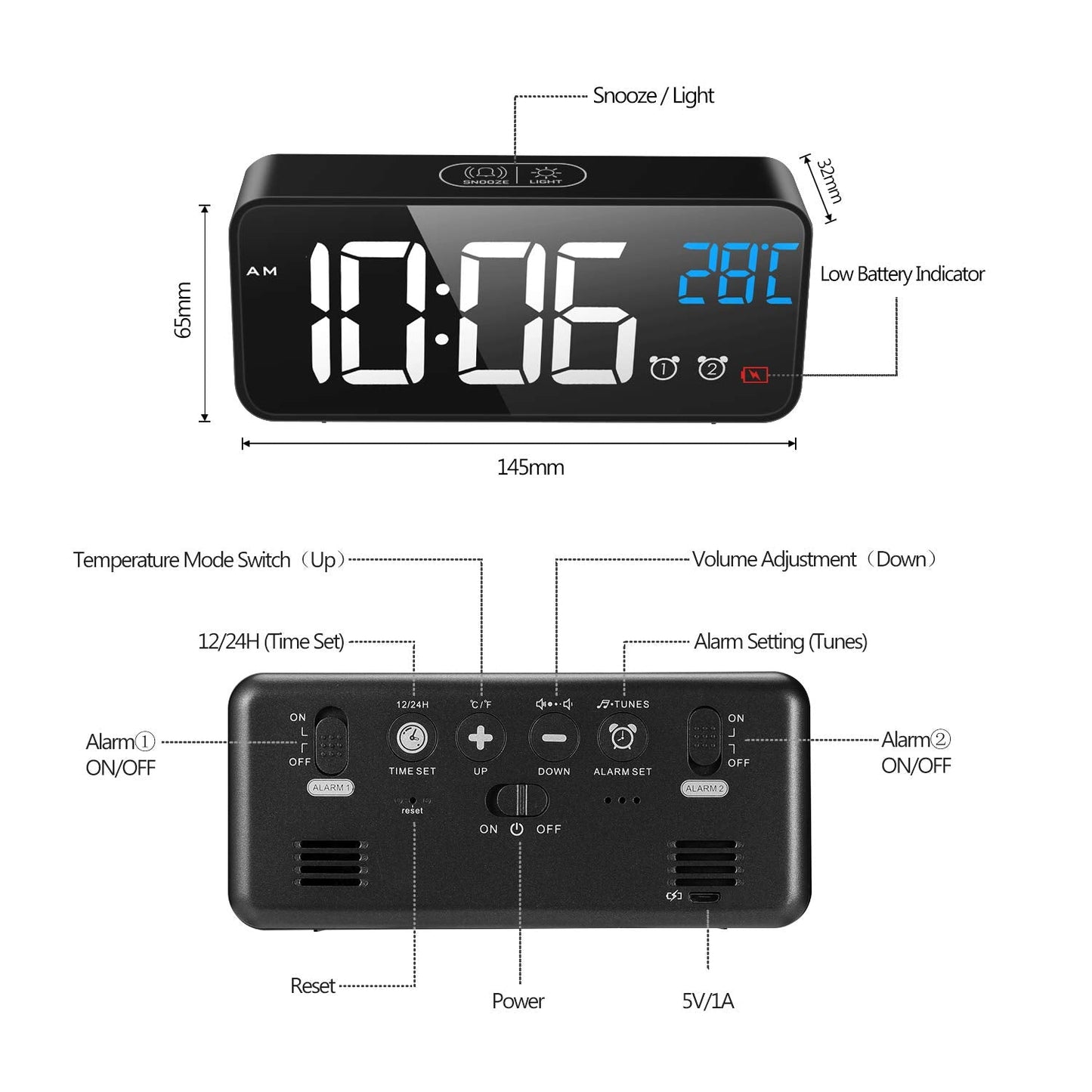 MOSUO LED Digital Alarm Clock, Rechargeable Mirror Bedside Clock with Temperature Display, Snooze, Non Ticking, Adjustable Volume & Brightness, 2 Alarms Set with 13 Music, Black