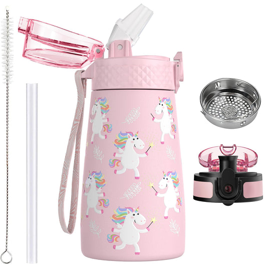 OLDLEY 350ml/12oz Kids Stainless Steel Water Bottle with Straw for School with 2 Different Lid Metal Vacuum Insulated Water Bottles Small Flask for Boys Girls Toddler Children Hot Cold Drinks BPA Free Pink Unicorn