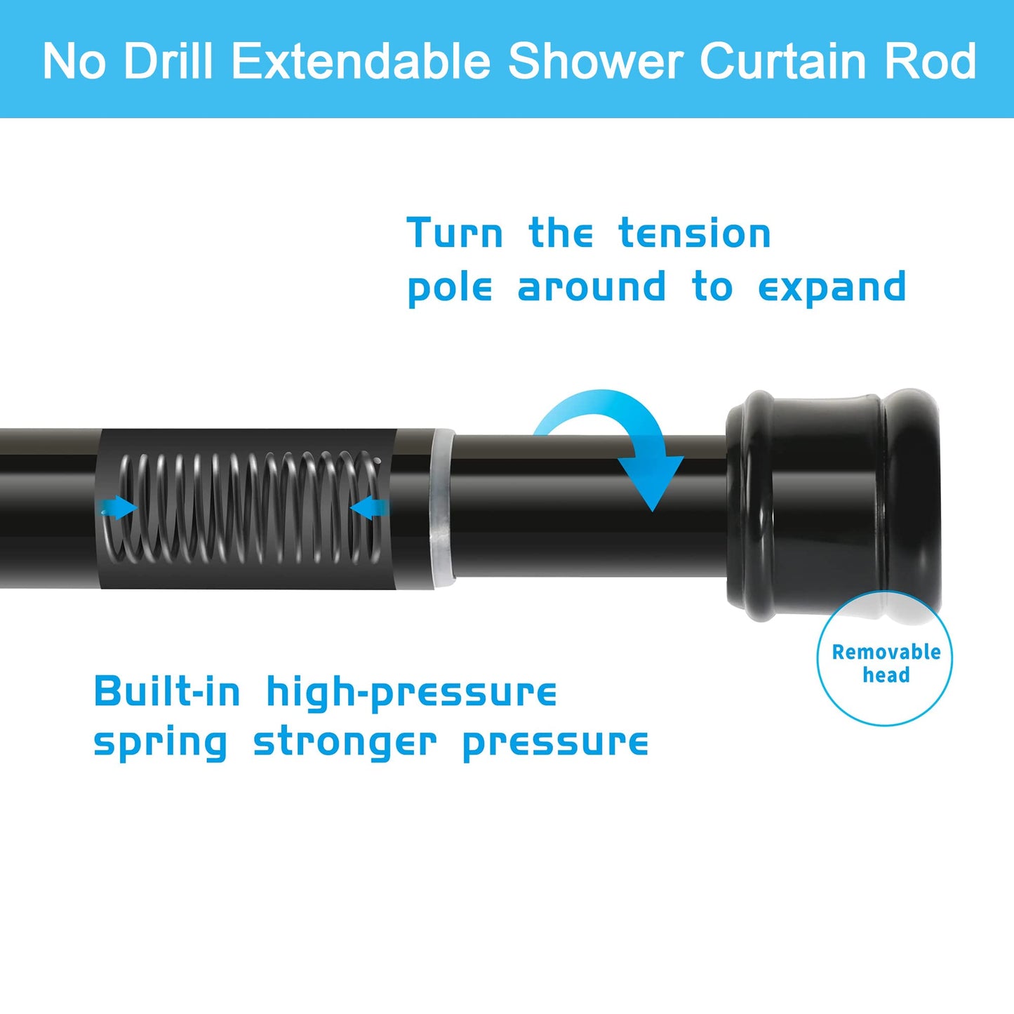 1PC Tension Rod No Drill Door Curtain Pole, Shower Pole Extendable for Shower Curtain, Windows, Door Curtain, Wardrobe, Bathroom 70-120Cm/27.56-47.24Inch(Diameter:25mm) Black 70-120CM/27.56-47.24Inch（1PC)Φ25MM