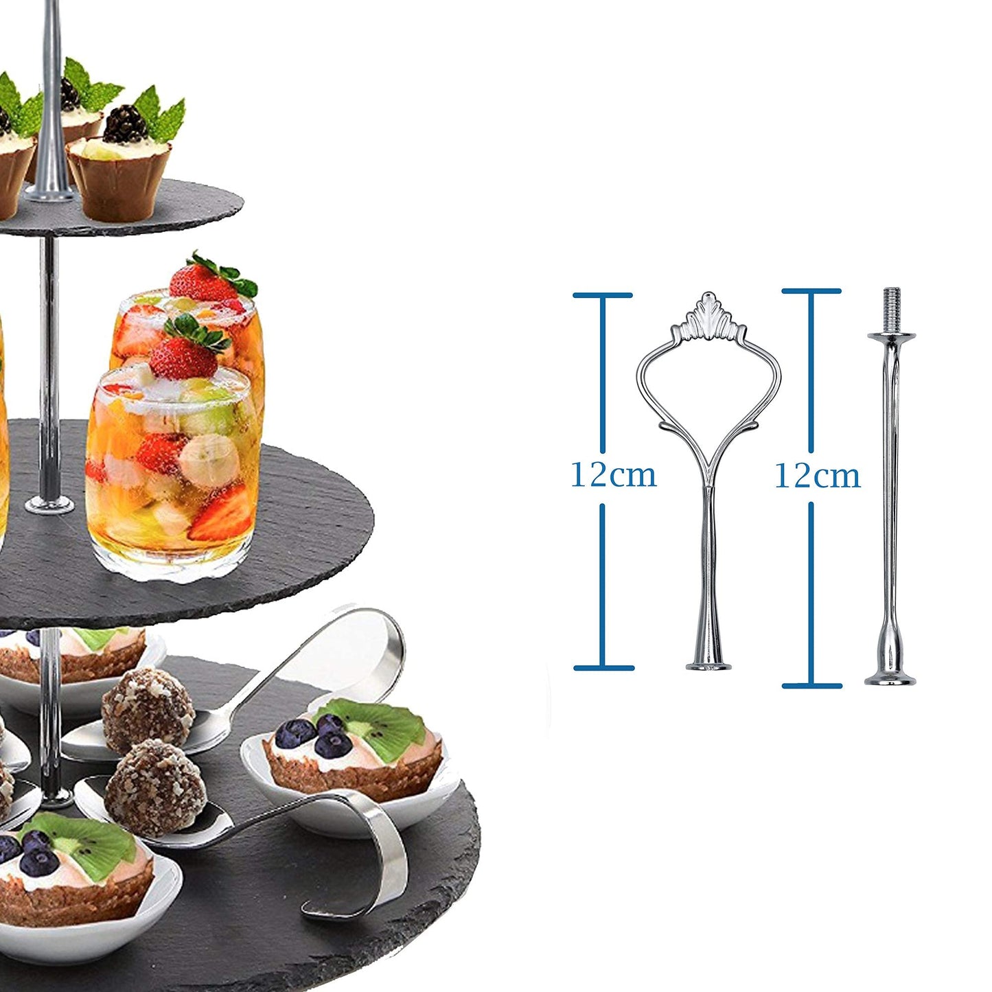 Nyxi 3 in 1 Cake Stand Afternoon Tea Serving Plate 100% Natural Slate Round Rough Edges Display with New Fittings, Can be Used as 3 Tier, 2 Tier & Single Tier Stand As Your Need (1)