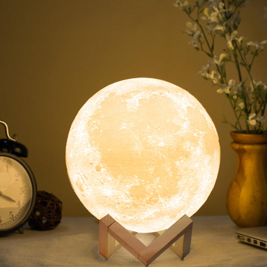 Methun 3D Moon Lamp with 7.1 Inch Wooden Base - Mothers Day LED Night Light, Mood Lighting with Touch Control Brightness for Home Décor, Bedroom, Birthday Gifts for Woman Kids- White & Yellow 7.1 inches