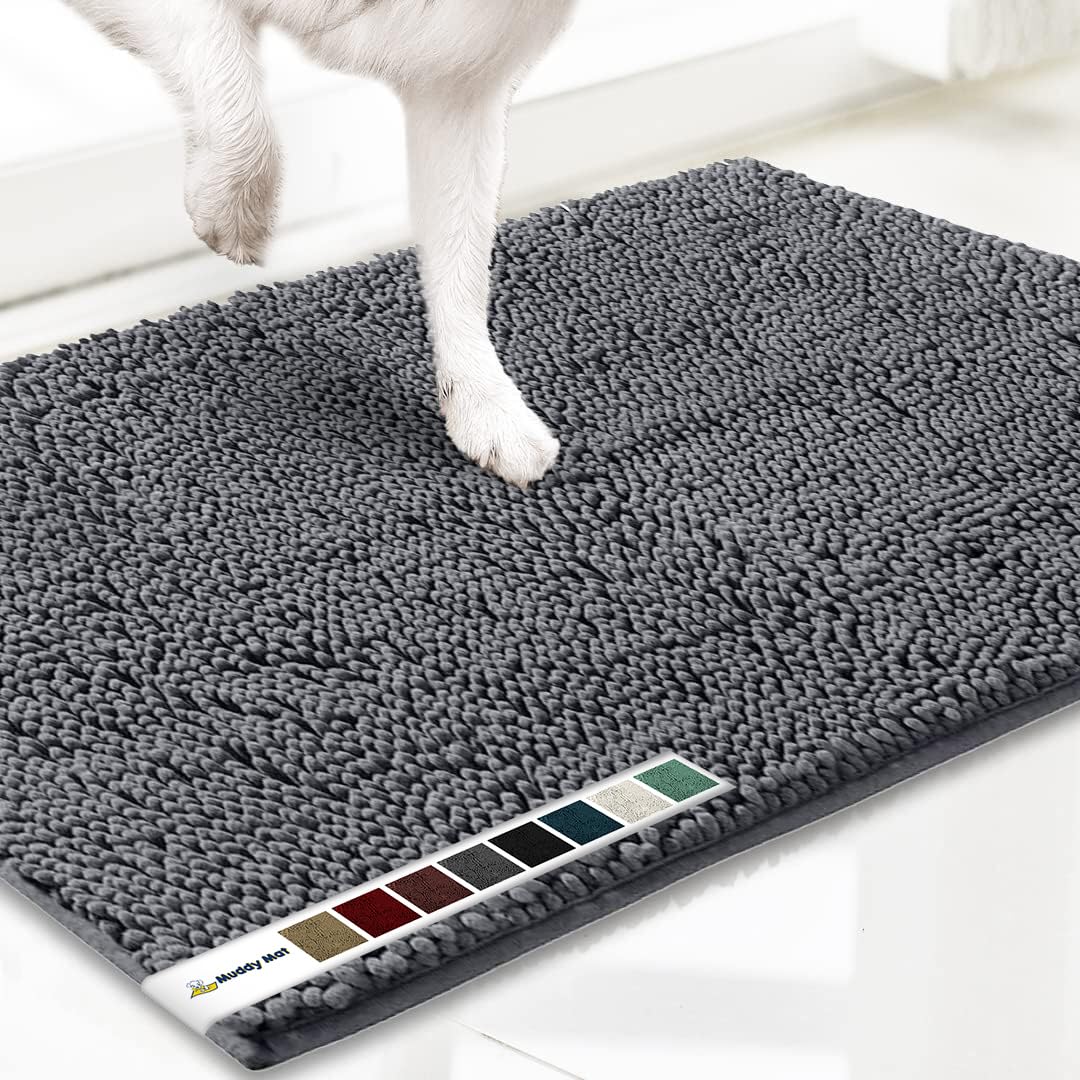 Muddy Mat AS-SEEN-ON-TV Highly Absorbent Microfiber Door Mat and Pet Rug, Non Slip Thick Washable Area and Bath Mat Soft Chenille for Kitchen Bathroom Bedroom Indoor and Outdoor - Grey Large 35"X24" Large (90 x 60 cm) Gray