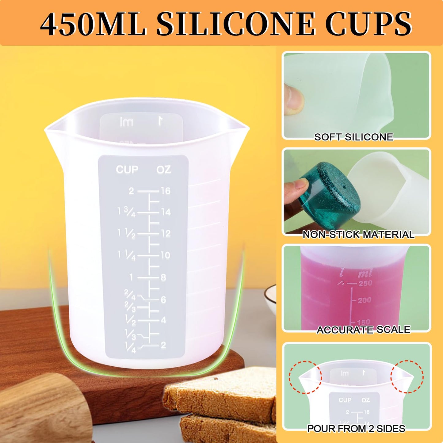 LEOBRO Silicone Measuring Cups, Resin Mixing Cups 450Ml 250ML 100Ml 50Ml Measuring Jugs for Epoxy Resin, Reusable Epoxy Resin Mixing Cups, Silicone Measuring Cups for Resin Casting Molds 1 450ml+250ml+100ml+50ml