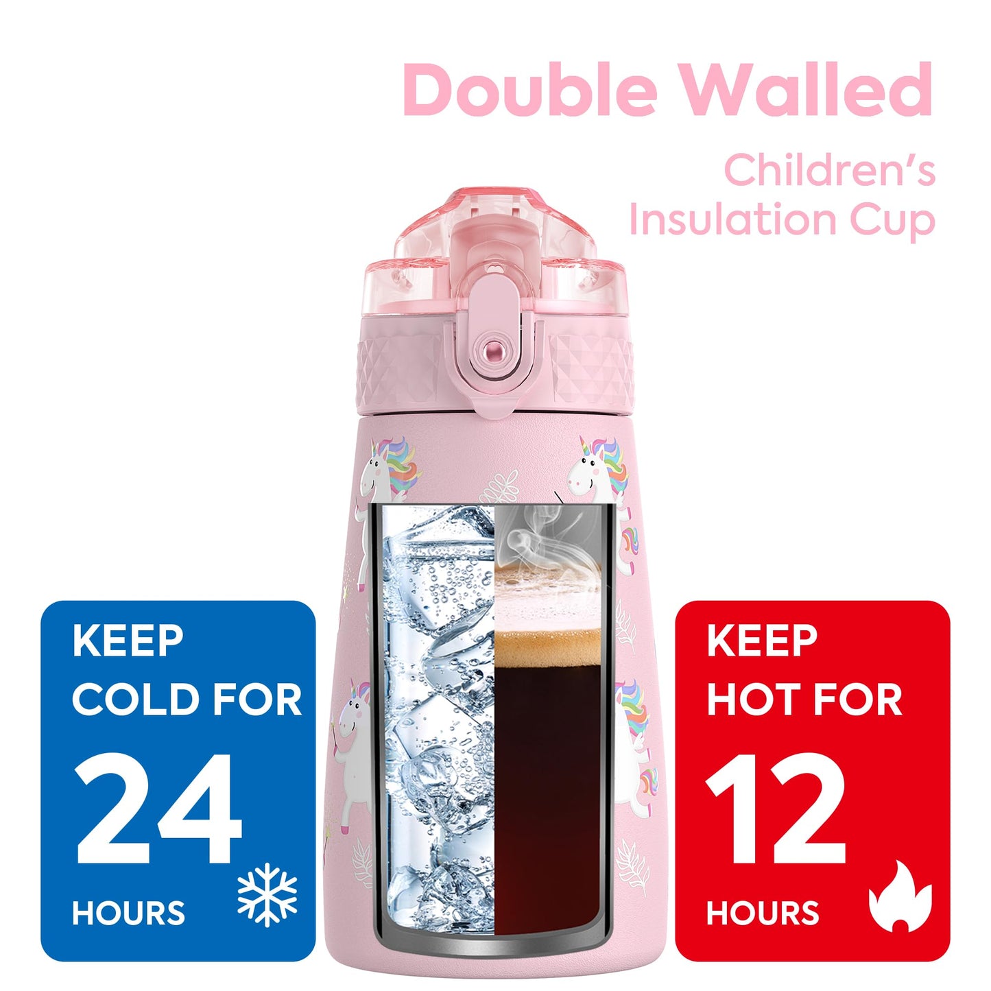 OLDLEY 350ml/12oz Kids Stainless Steel Water Bottle with Straw for School with 2 Different Lid Metal Vacuum Insulated Water Bottles Small Flask for Boys Girls Toddler Children Hot Cold Drinks BPA Free Pink Unicorn