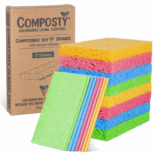 Composty® | 'Pop-Up' Eco Sponges | 12 Pack | Compostable Kitchen Sponge | Biodegradable Washing Up Sponge | Zero Waste | Plastic Free | Natural Cellulose | Long-Lasting | 4 Colours | One Tree Planted