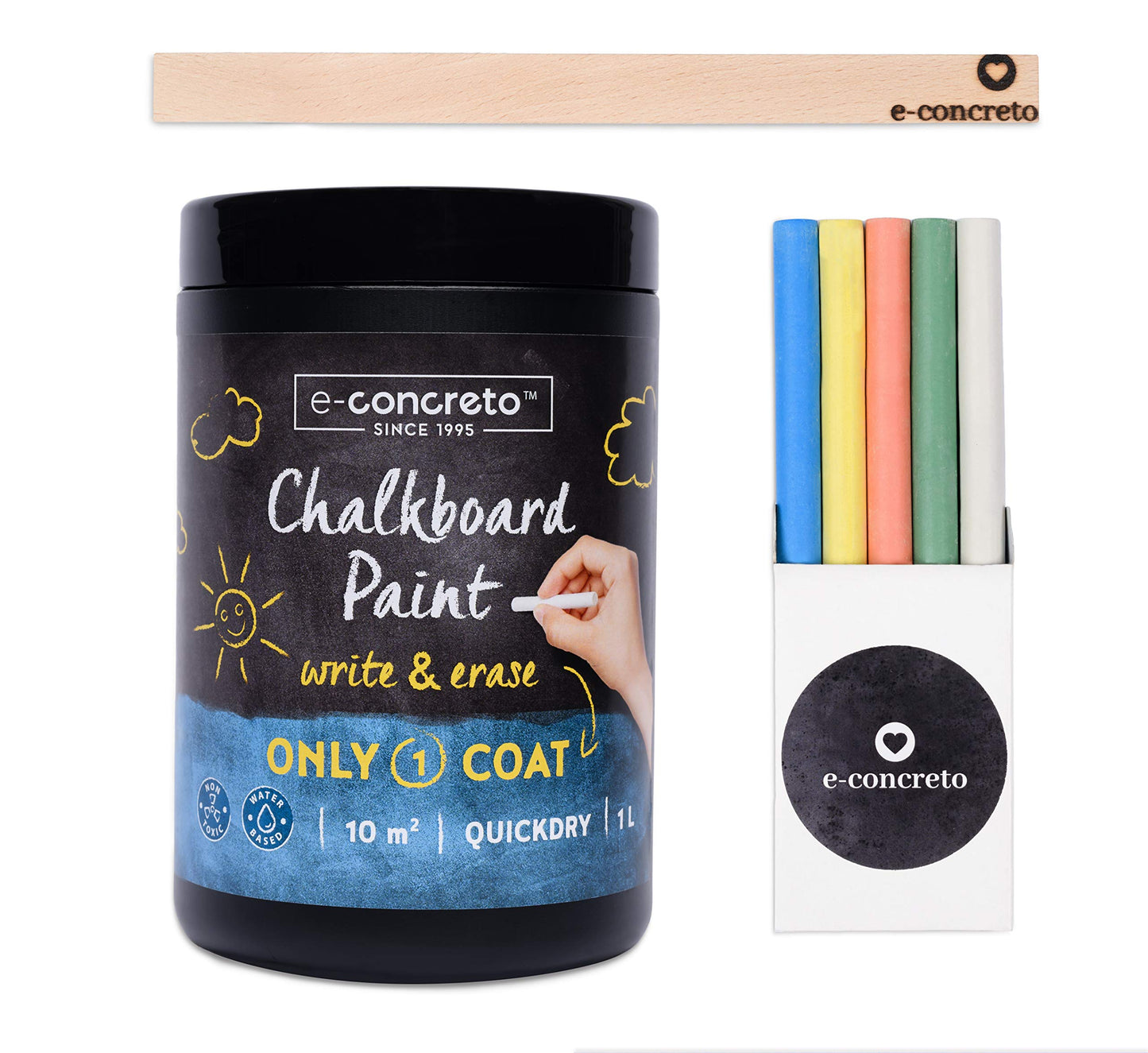 e-concreto One Coat Blackboard Paint Black + Chalk (1000ml) | Water-based and Non-toxic | Black Chalkboard Paint