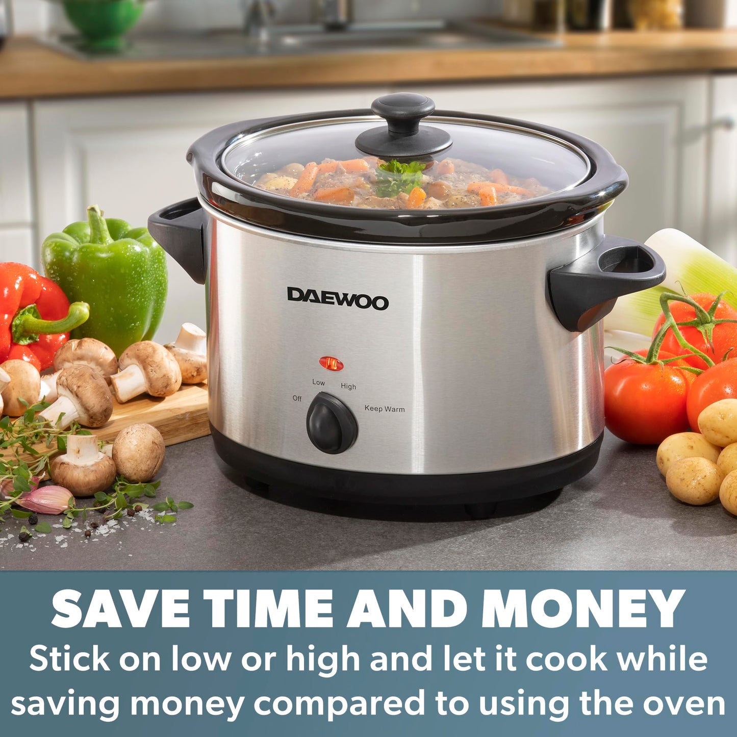 Daewoo SDA1364 Stainless Steel Slow Cooker | 3.5L Capacity Stoneware Pot | Easy to Clean | Dishwasher Safe Pot & Lid | 3 Different Heat Settings | Usage-160W Power, Steel