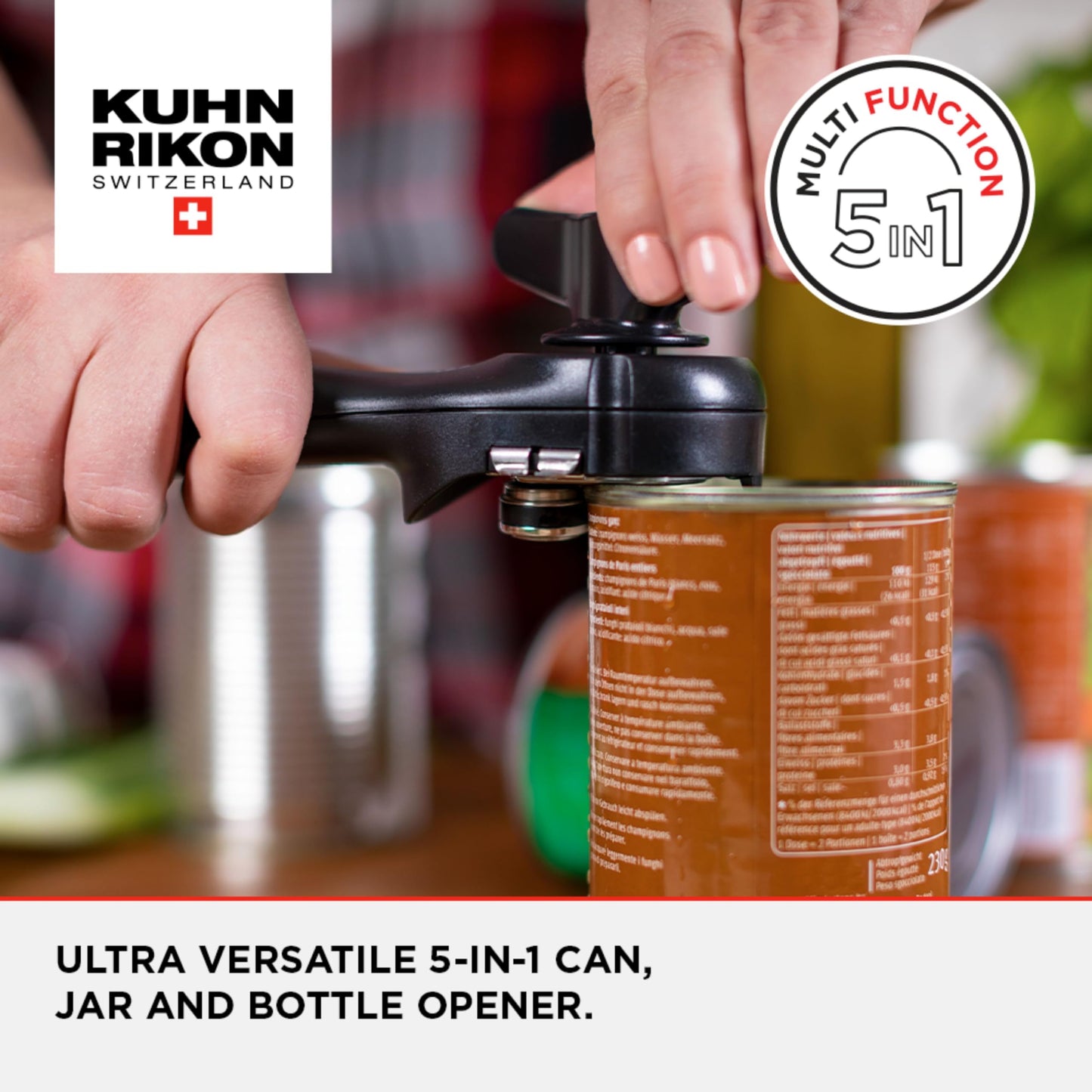 Kuhn Rikon 5-in-1 Can, Jar and Bottle Opener. Self-Attaching Can Opener. Tin Opener with Lid-Lifter. Jar Opener for Weak Hands. Jar Lid Opener – 3 Year Kuhn Rikon Kitchen Accessories Guarantee Gray