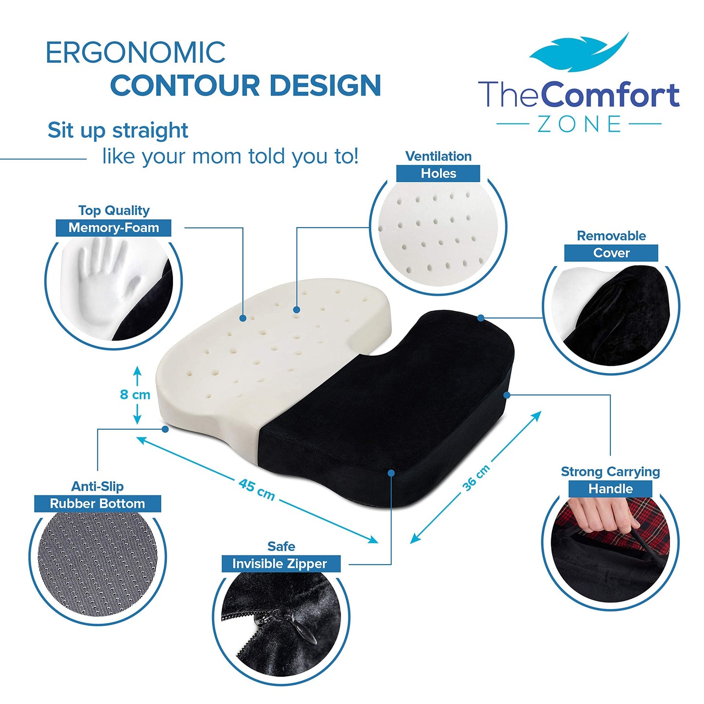 TheComfortZone Seat Cushion for Office Chair Lower Back Pain Relief, Non-Slip Coccyx Cushion Enhances Posture & Support, Hemorrhoid, Sciatica Memory Foam Chair Cushion Pad for Car, Wheelchair, Gaming Black MDM (60-80kg)