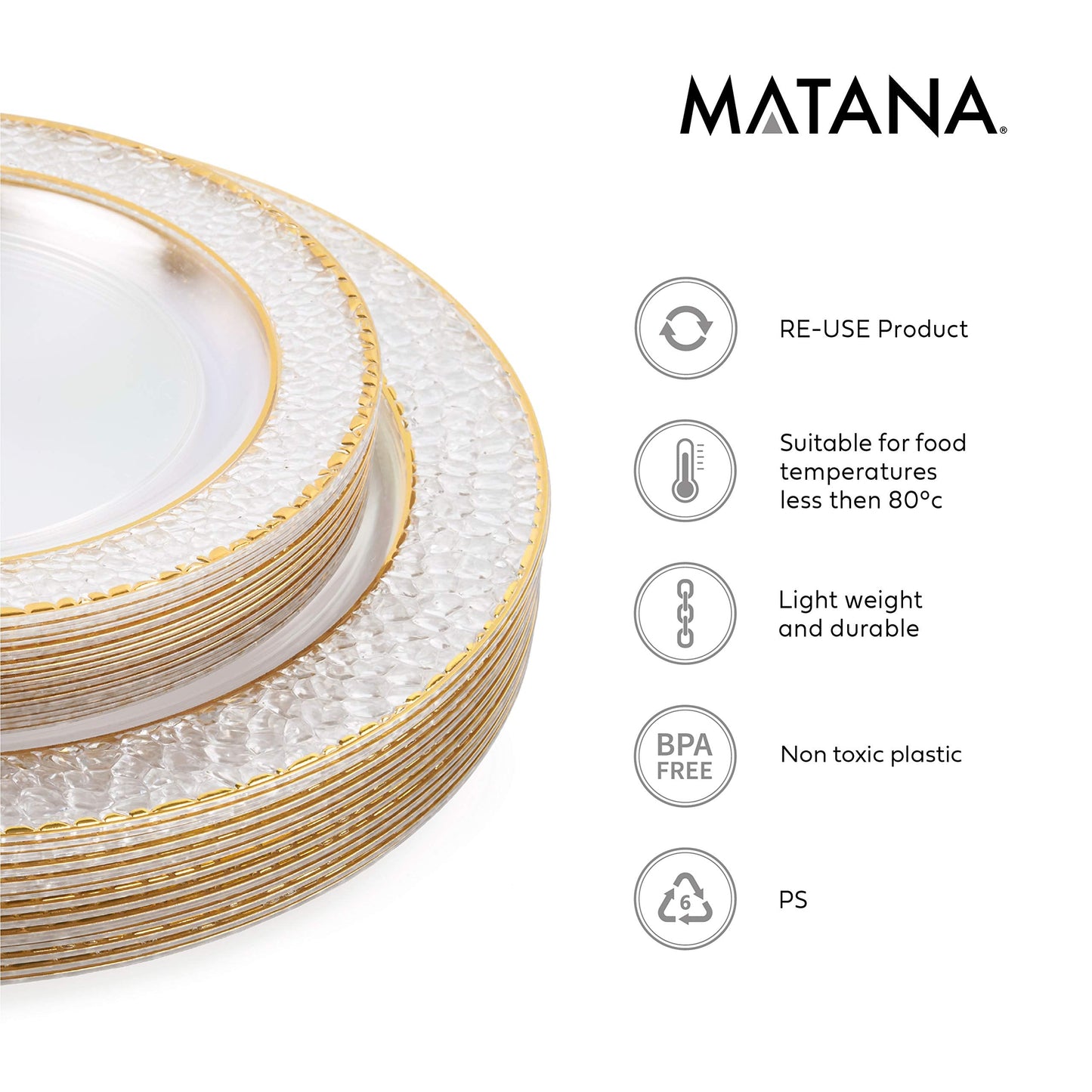 MATANA 40 Premium Clear Plastic Plates with Hammered Gold Rim - 20 26cm Dinner Plates, 20 19cm Dessert Plates - Elegant & Reusable Party Plates for Weddings, Birthdays, BBQ, Parties 26CM, 19CM