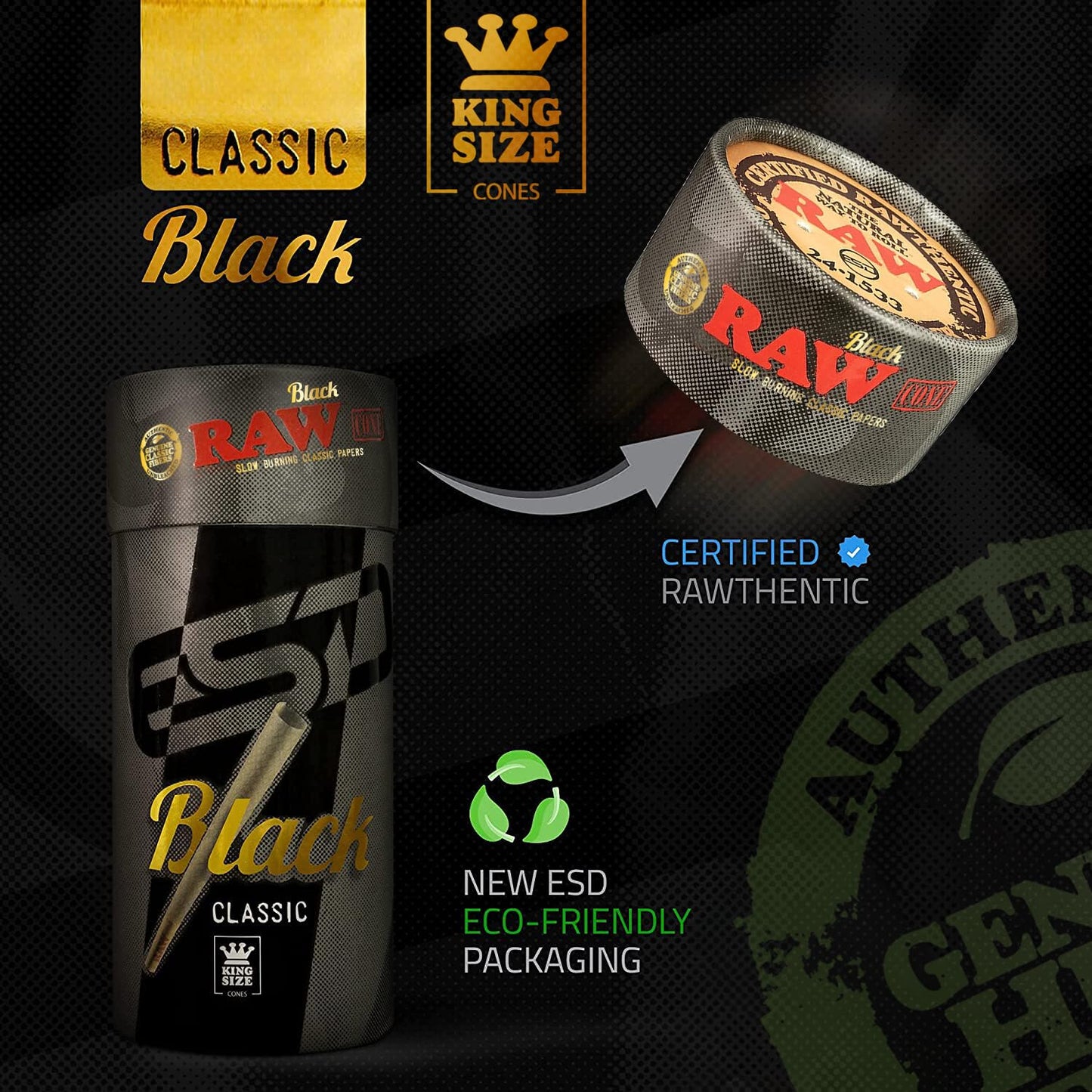 RAW Black Cones King Size | 100 Pack | Natural Pre Rolled Rolling Paper Pressed Extra Fine for Thin, Slow Burning, Naturally Translucent Paper with Tips & Packing Tubes Included Black King Size 100.0