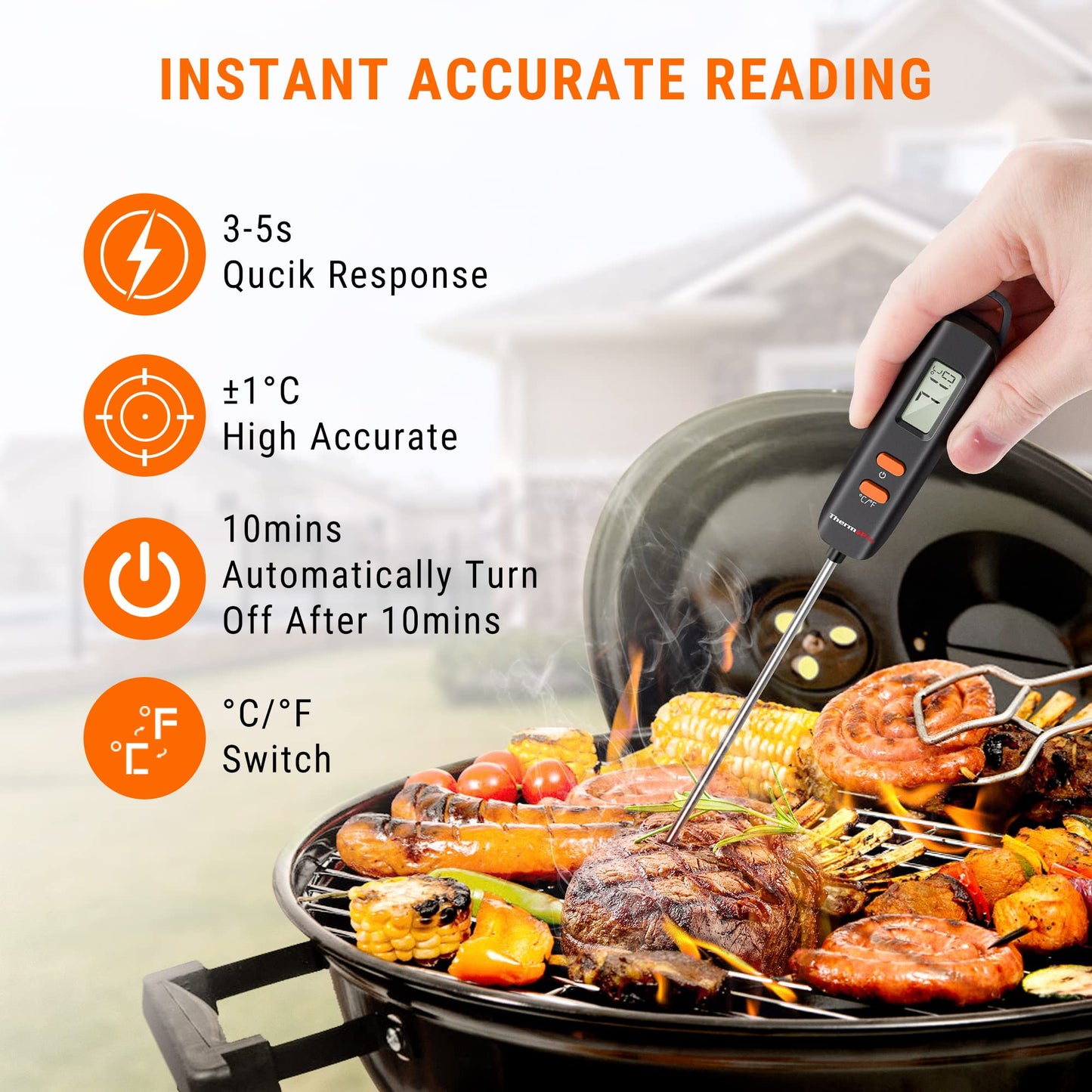 ThermoPro TP516 Digital Meat Thermometer with Probe Tip Cover Instant Read Food Thermometer Cooking Thermometer Perfect for Cooking BBQ Sugar Jam Kitchen Thermometer with 12cm Temperature Probe Matte Black