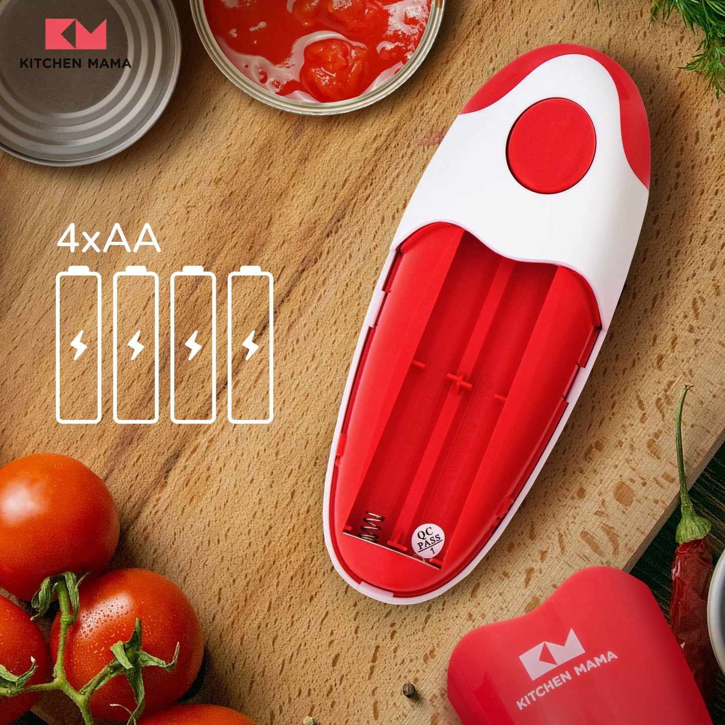 Kitchen Mama Electric Tin Can Opener V2 - Upgraded Blade Opens Any Can Shape, Smooth Edges, Hygienic Lid Remover, Compact & Cordless - Red Auto V2 - Red