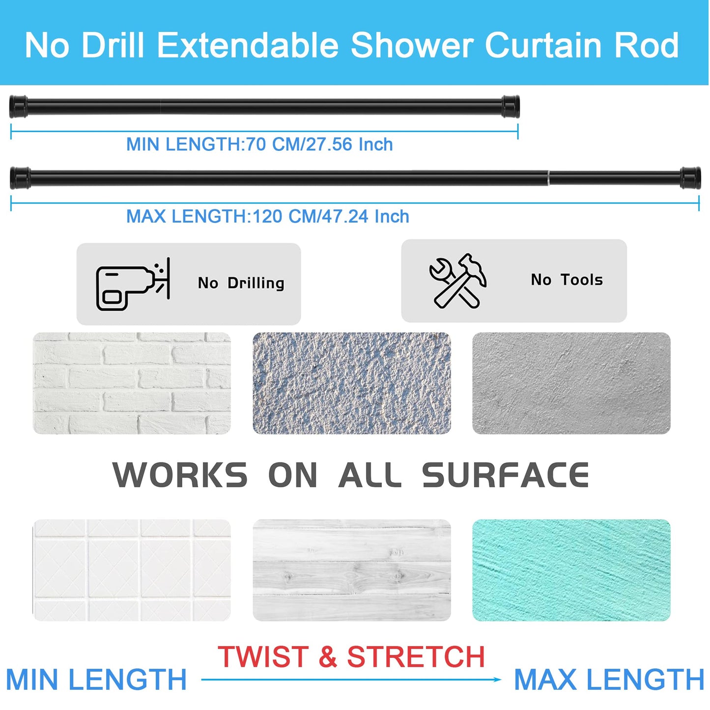 1PC Tension Rod No Drill Door Curtain Pole, Shower Pole Extendable for Shower Curtain, Windows, Door Curtain, Wardrobe, Bathroom 70-120Cm/27.56-47.24Inch(Diameter:25mm) Black 70-120CM/27.56-47.24Inch（1PC)Φ25MM