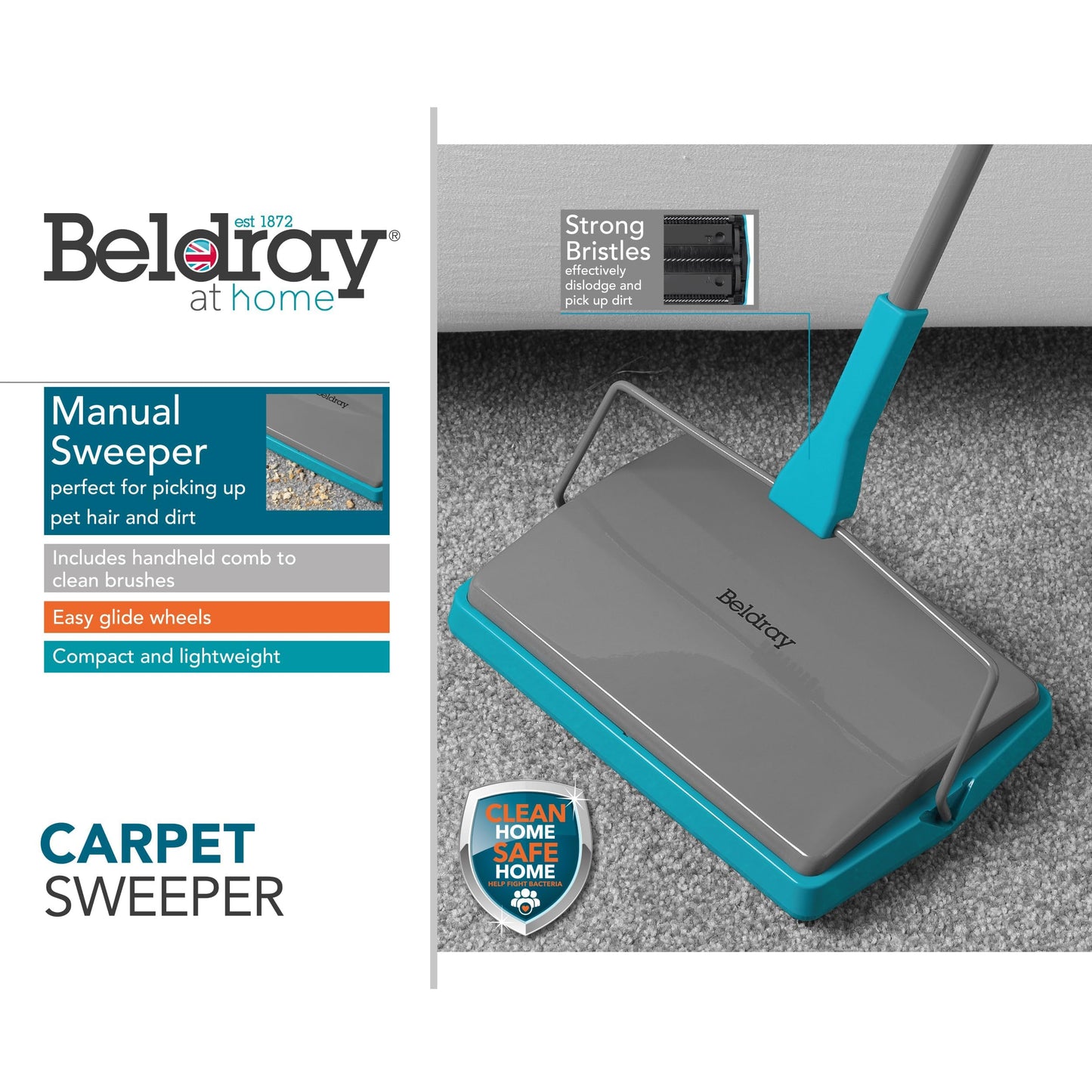 Beldray LA024855TQ Carpet Sweeper - Manual Floor Cleaner, Roller To Clean Carpets And Hard Floors, Pet Fur Remover, Easy Use, Brush Comb To Remove Dirt/Hair From Bristles, Thin & Compact, Lightweight Turquoise