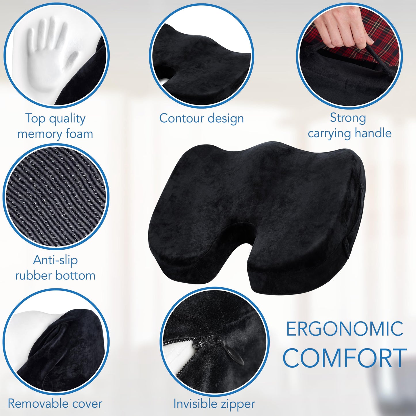 TheComfortZone Seat Cushion for Office Chair Lower Back Pain Relief, Non-Slip Coccyx Cushion Enhances Posture & Support, Hemorrhoid, Sciatica Memory Foam Chair Cushion Pad for Car, Wheelchair, Gaming Black MDM (60-80kg)