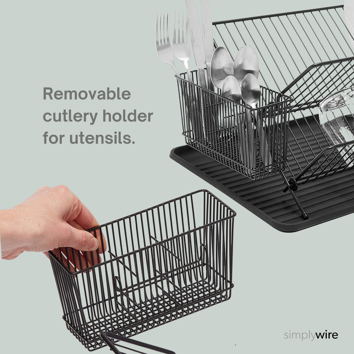 simplywire – Folding Dish Drainer – Plate Drying Steel Rack with Cutlery Holder - Black