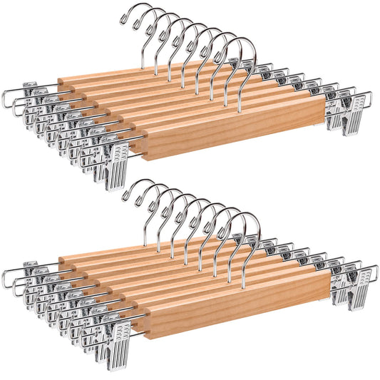 Amber Home 36cm Natural Wooden Pants Hangers 20pcs, Smooth Wood Skirt Hanger Organizer with Adjustable Anti-Slip Chrome Clips, Space Saving Solid Clothes Hangers Rack for Bottoms Jeans Slacks Trousers Natural 20