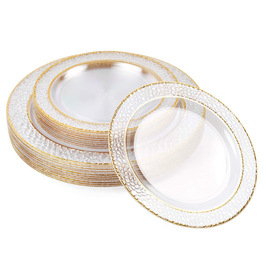 MATANA 40 Premium Clear Plastic Plates with Hammered Gold Rim - 20 26cm Dinner Plates, 20 19cm Dessert Plates - Elegant & Reusable Party Plates for Weddings, Birthdays, BBQ, Parties 26CM, 19CM