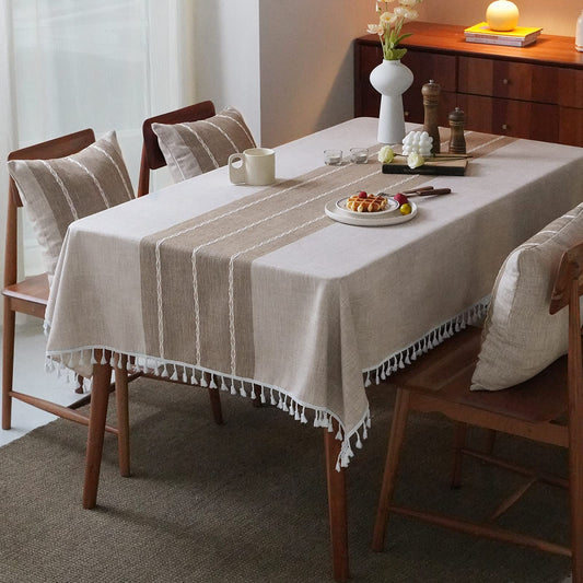 MOKANI Middle Embroidery Table Cloth Washable Cotton Linen Tassel Tablecloth, Rectangle Wrinkle Free Anti-Fading Table Cover for Kitchen Dinning Thanksgiving Christmas (55 x 86 Inch, Brown) 7-brown Rectangle/Oblong, 55 x 86 Inch