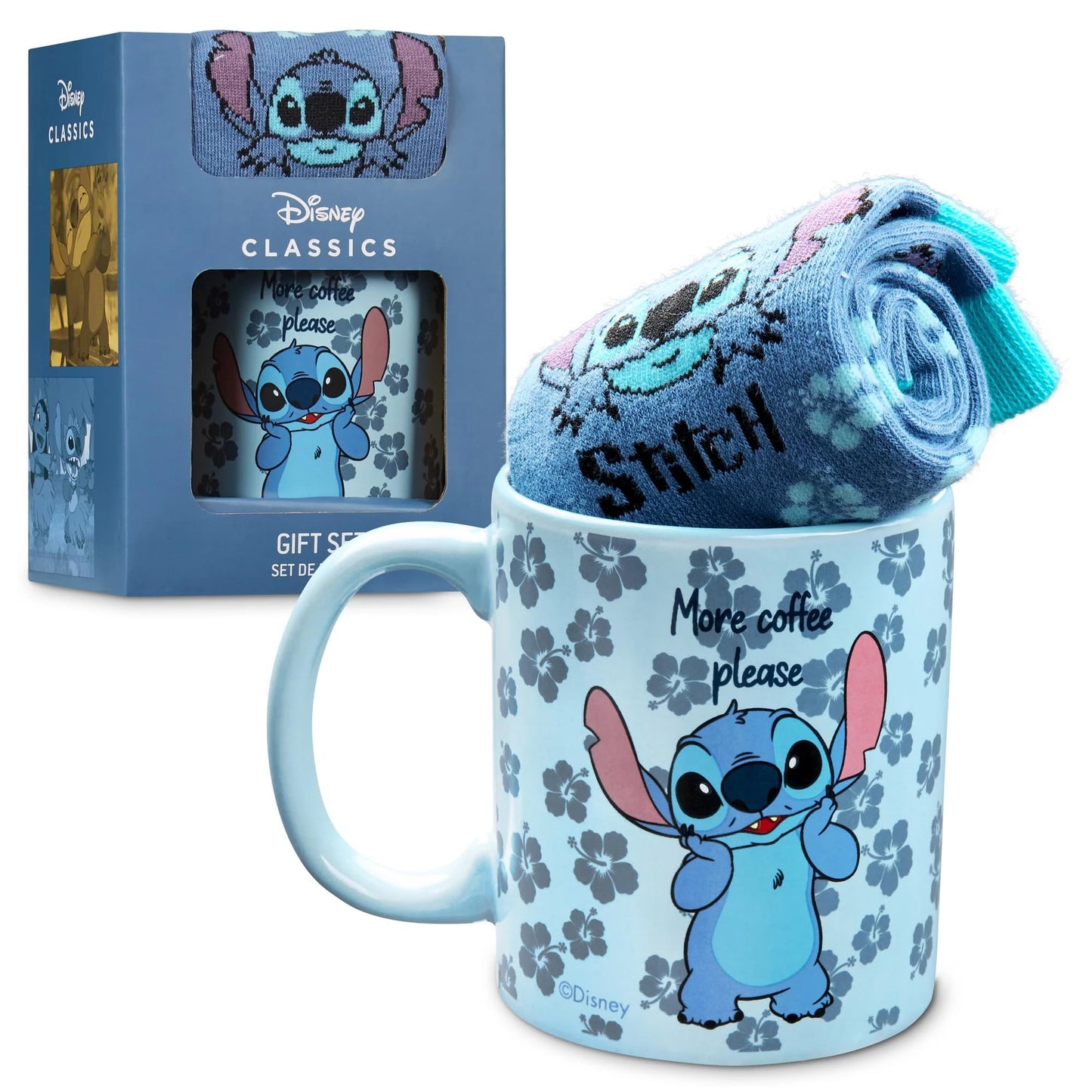 Disney Mug and Socks Gift Set for Women, Calf Socks and Ceramic Mug - Womens Gifts (Blue Stitch) Blue Stitch