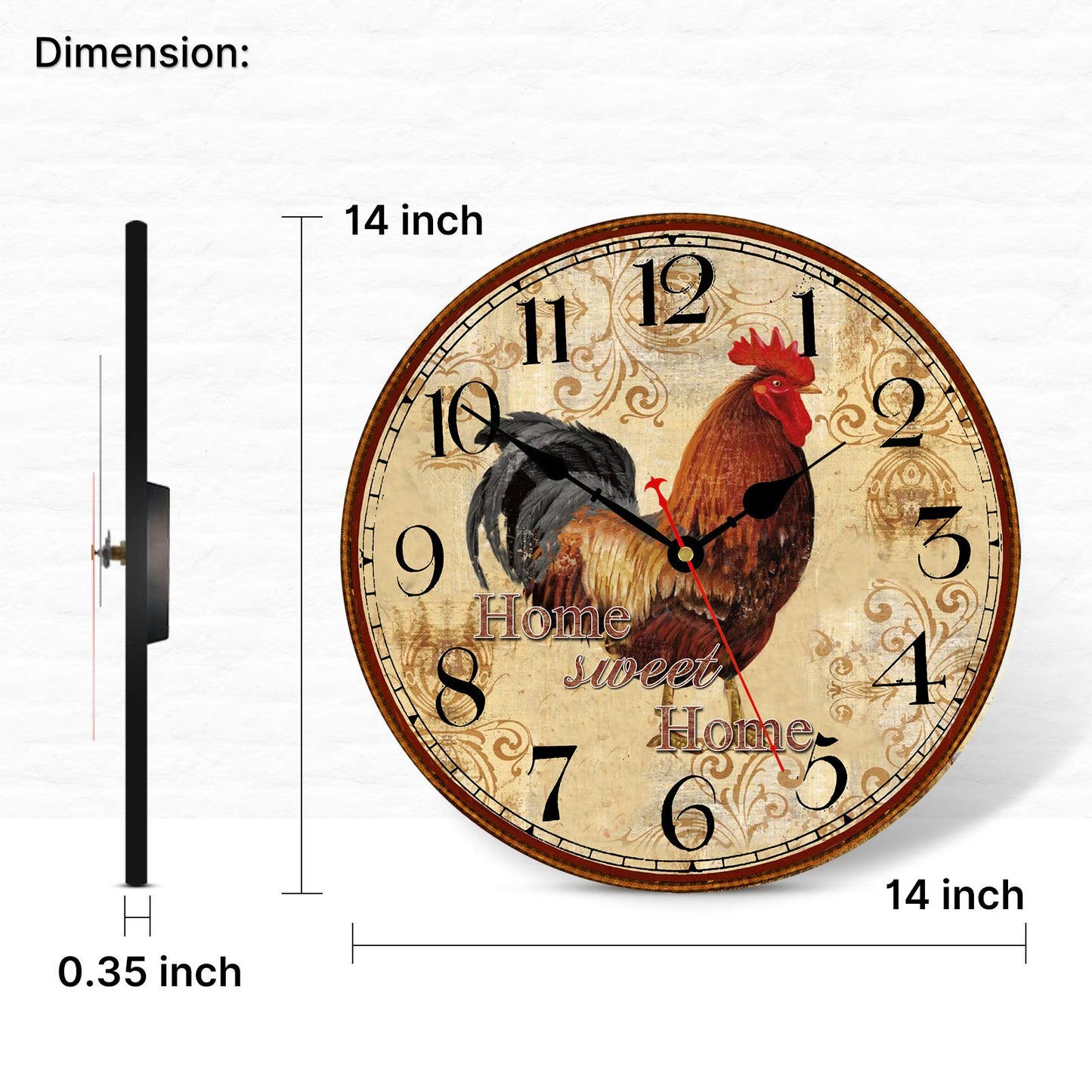 TAHEAT 14 Inch Rustic Rooster Wall Clock Retro Silent Non ticking Easy to Read Clock, Battery Operated Decorative Wall Clocks for Kitchen/Living Room/Bedroom/Farmhouse Decoration