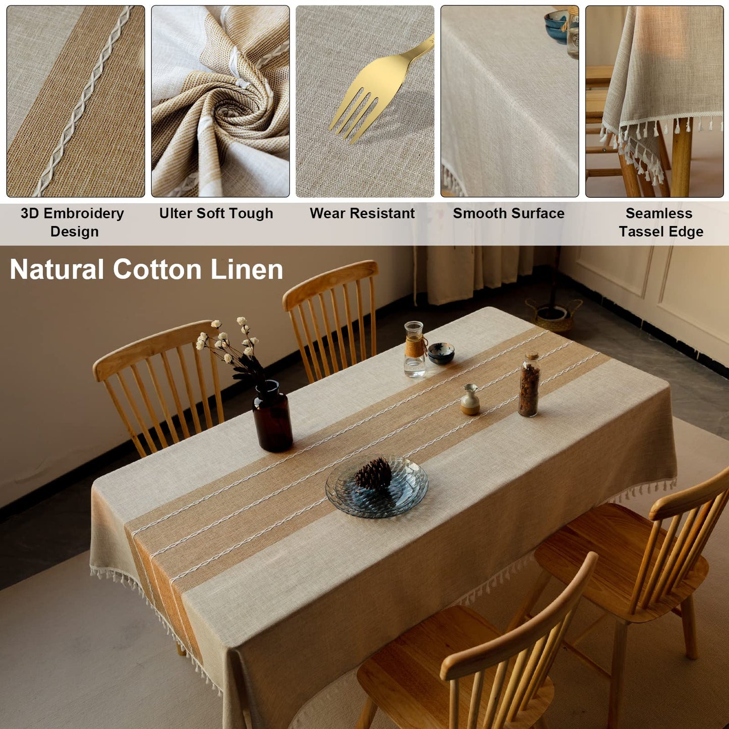 MOKANI Middle Embroidery Table Cloth Washable Cotton Linen Tassel Tablecloth, Rectangle Wrinkle Free Anti-Fading Table Cover for Kitchen Dinning Thanksgiving Christmas (55 x 86 Inch, Brown) 7-brown Rectangle/Oblong, 55 x 86 Inch