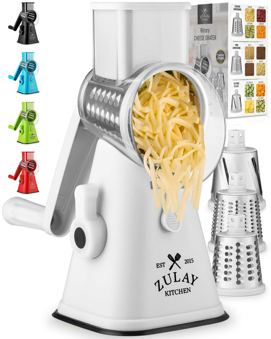 Zulay Kitchen Manual Rotary Cheese Grater with Handle - Round Cheese Shredder Grater with 3 Interchangeable Stainless Steel Blades - Easy to Use Fruit, Nut, and Vegetable Grater (White) White