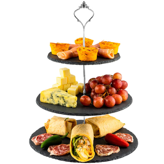 Nyxi 3 in 1 Cake Stand Afternoon Tea Serving Plate 100% Natural Slate Round Rough Edges Display with New Fittings, Can be Used as 3 Tier, 2 Tier & Single Tier Stand As Your Need (1)