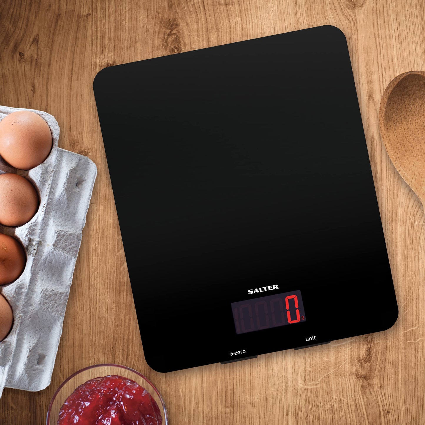 Salter 1150 BKDR Digital Kitchen Scales, Stylish Glass Design, Cooking Scale for Home/Kitchen, Measures Liquids & Fluids, Metric/Imperial, Add & Weigh Function, Red Easy Read Display, Black 5 kg Capacity