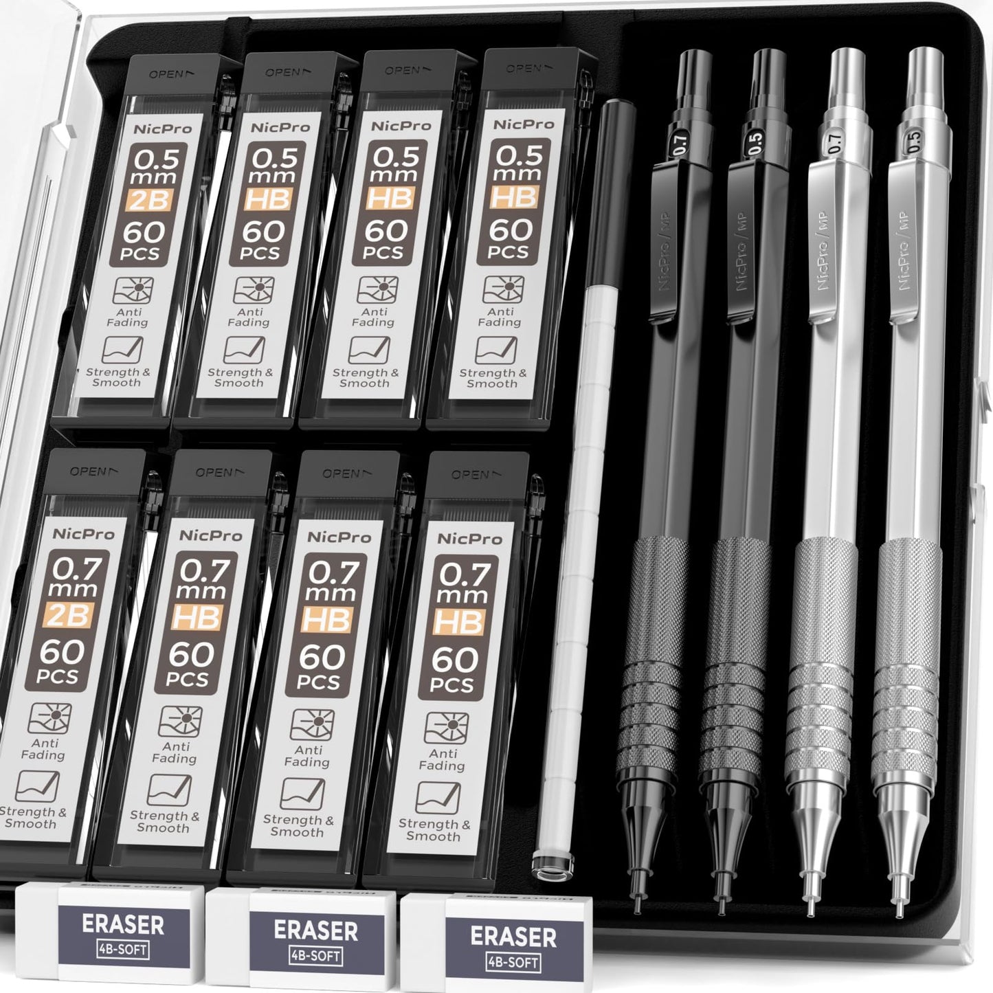 Nicpro 4 Pack Mechanical Pencils 0.5mm & 0.7 mm with Case, MP1000 Metal Artist Pencil Set with 8 Tubes HB & 2B Lead Refills, 3 Eraser, 9 Eraser Refills For Art Writing Drafting Drawing,Black & Silver Black + Silver