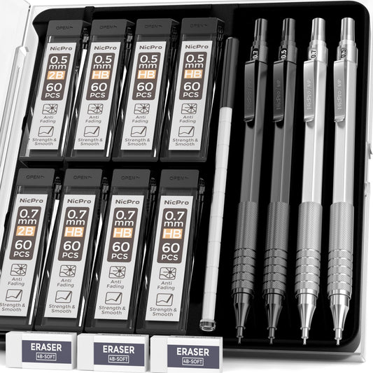 Nicpro 4 Pack Mechanical Pencils 0.5mm & 0.7 mm with Case, MP1000 Metal Artist Pencil Set with 8 Tubes HB & 2B Lead Refills, 3 Eraser, 9 Eraser Refills For Art Writing Drafting Drawing,Black & Silver Black + Silver