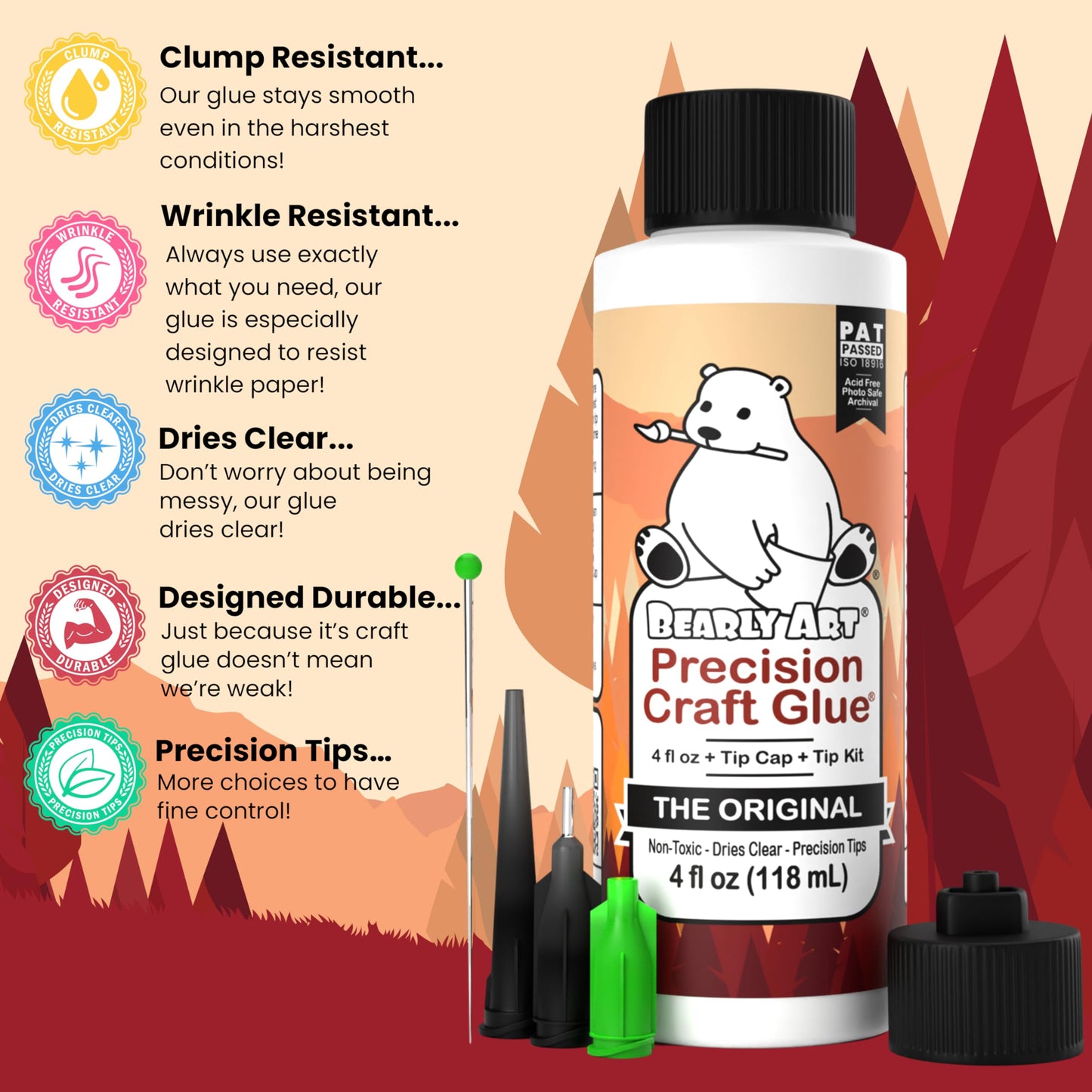 Bearly Art Precision Craft Glue - The Original - 4fl oz - Tip Kit Included - Dries Clear - Metal Tip - Wrinkle Resistant - Flexible and Crack Resistant - Strong Hold Adhesive - Made in USA 4oz